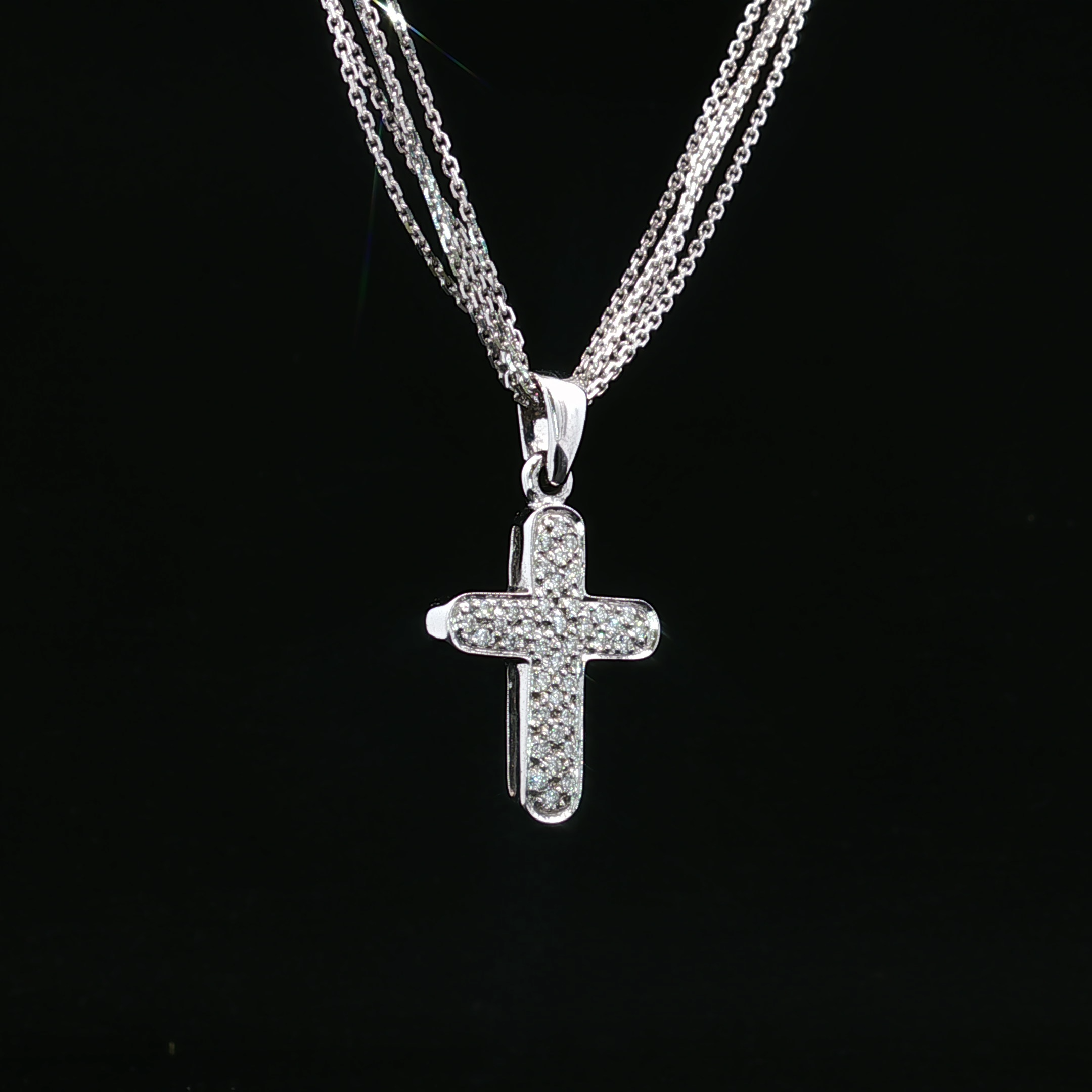 14K White Gold Triple Curb Chain Cross Necklace with Diamonds