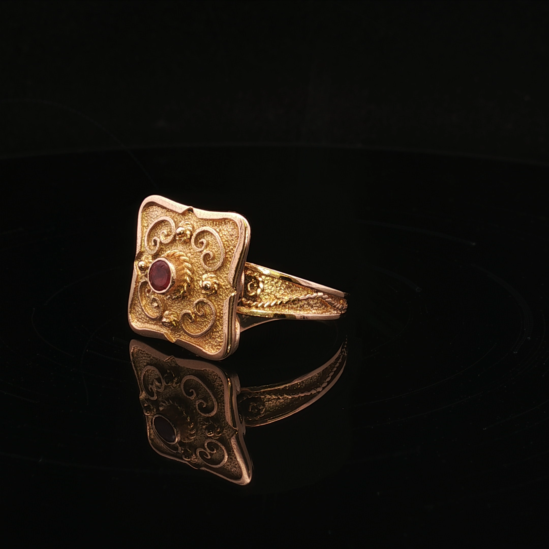 Macy 18K Yellow Gold Square Top Ring with Scrollwork and Ruby Center