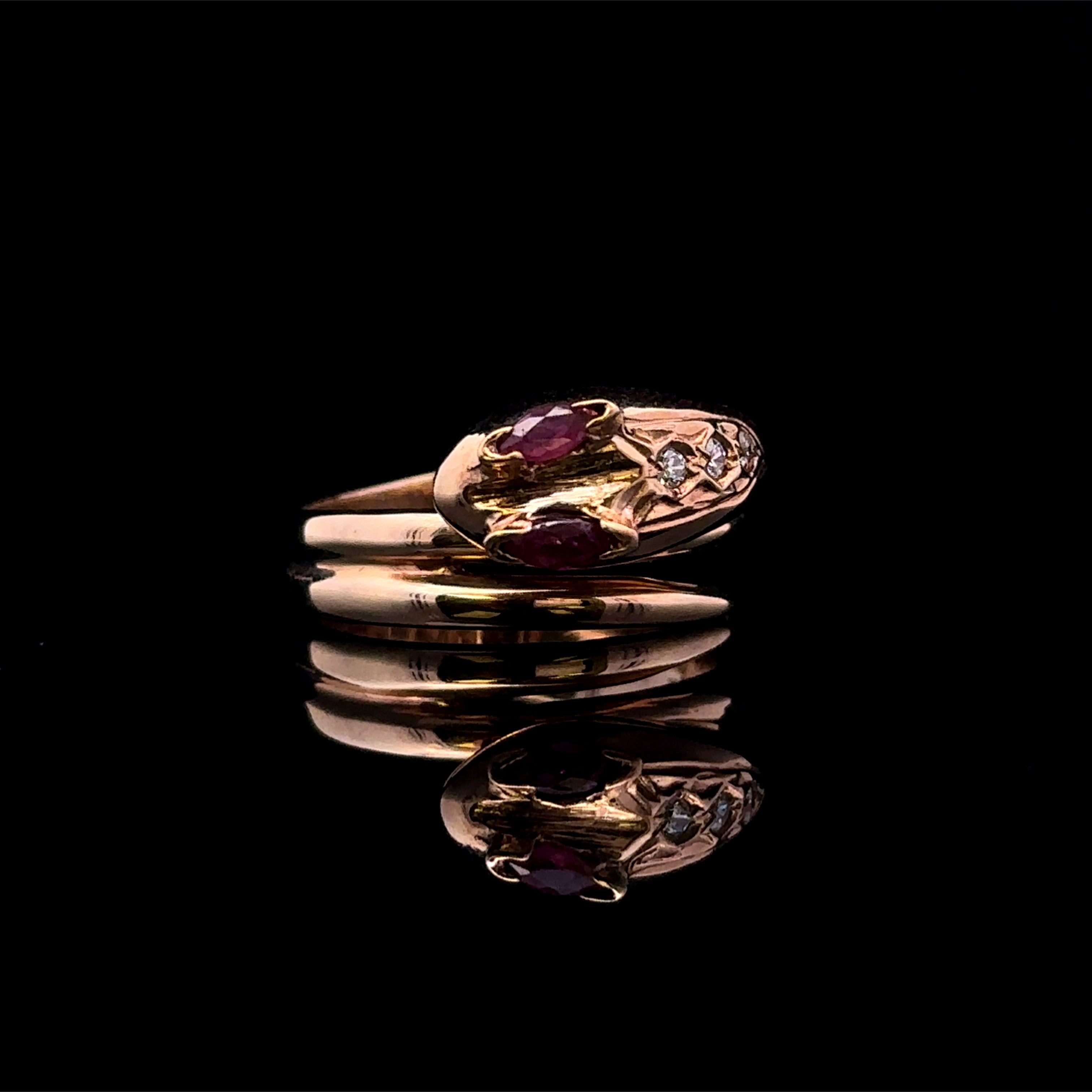 Lea 14K Yellow Gold Snake Ring with Red Glass Stones