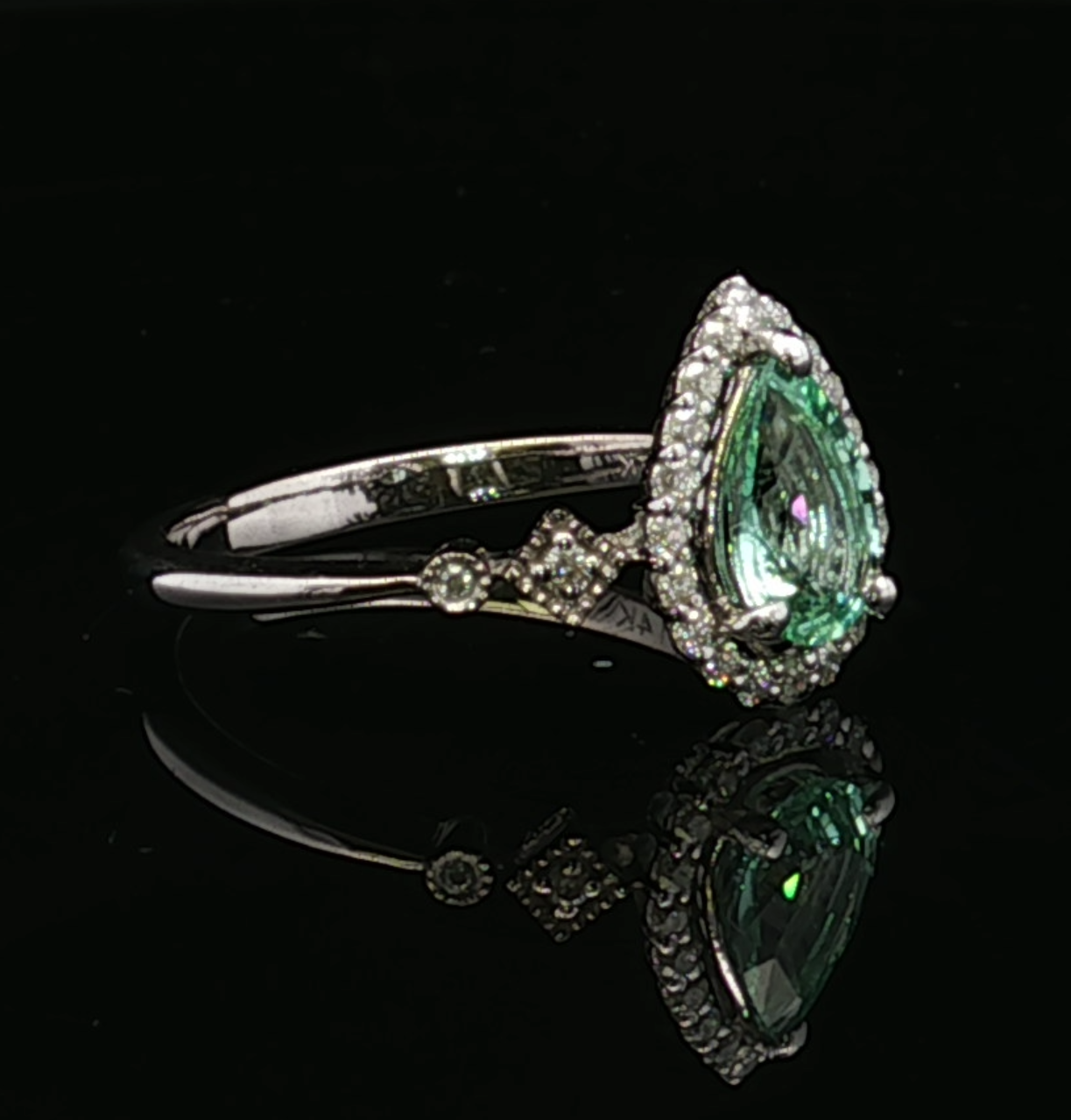 Ivory 14K White Gold Pear Green Tourmaline & Diamond Halo Ring