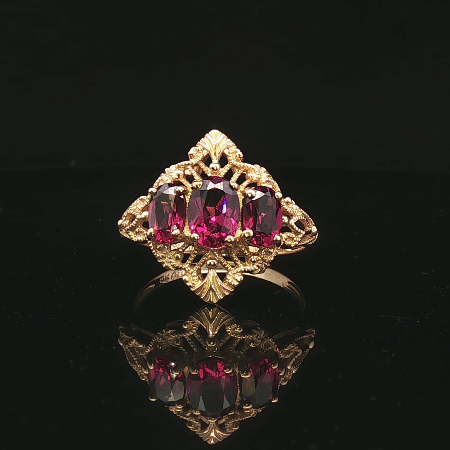 Myrtle 10KY Filigree 3-Stone Pink Sapphire Ring Size 8