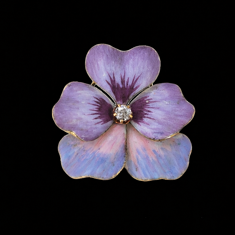 Violet Yellow 14 Karat Enamel Diamond Nature Pin