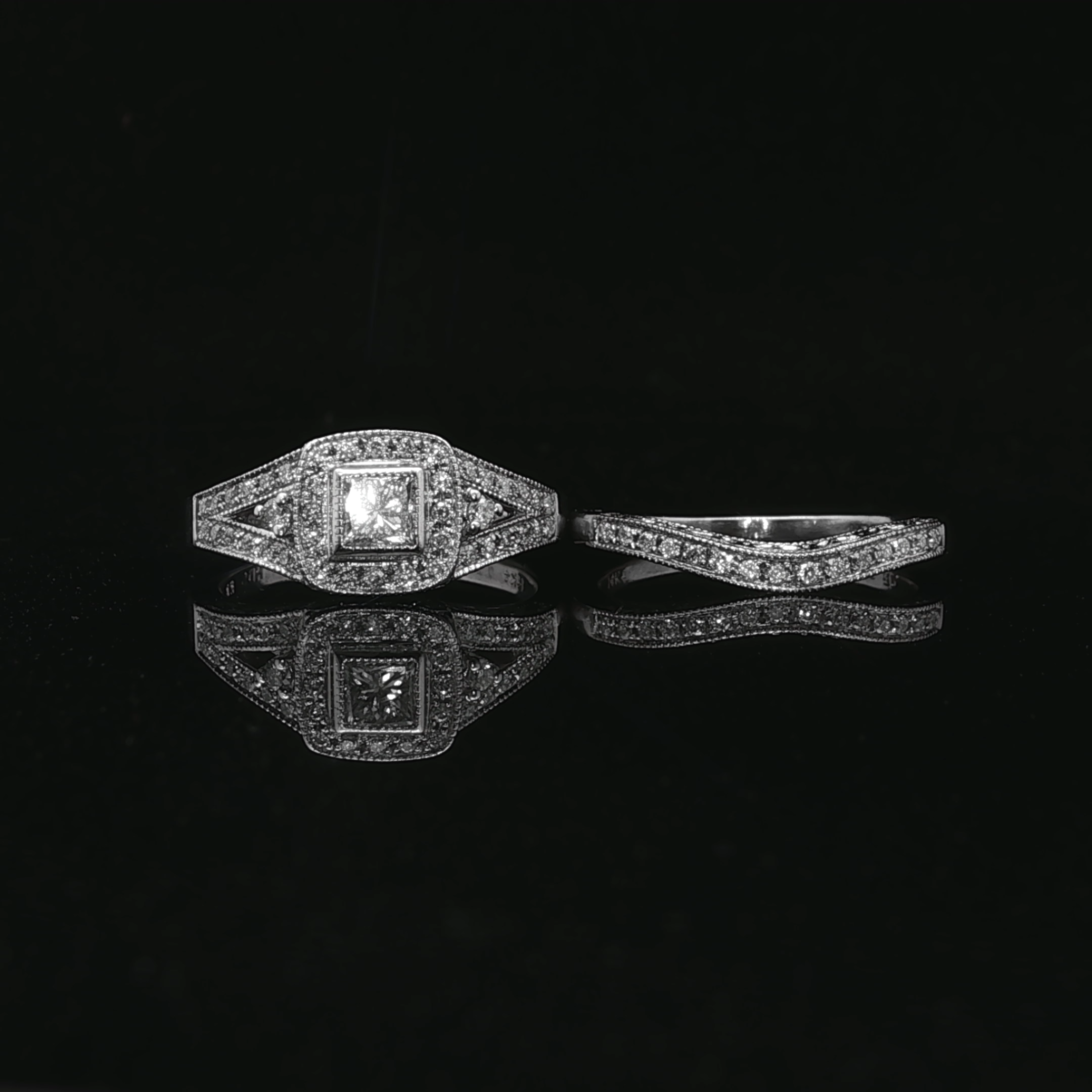 14K White Gold Halo Engagement Ring with Princess Diamond