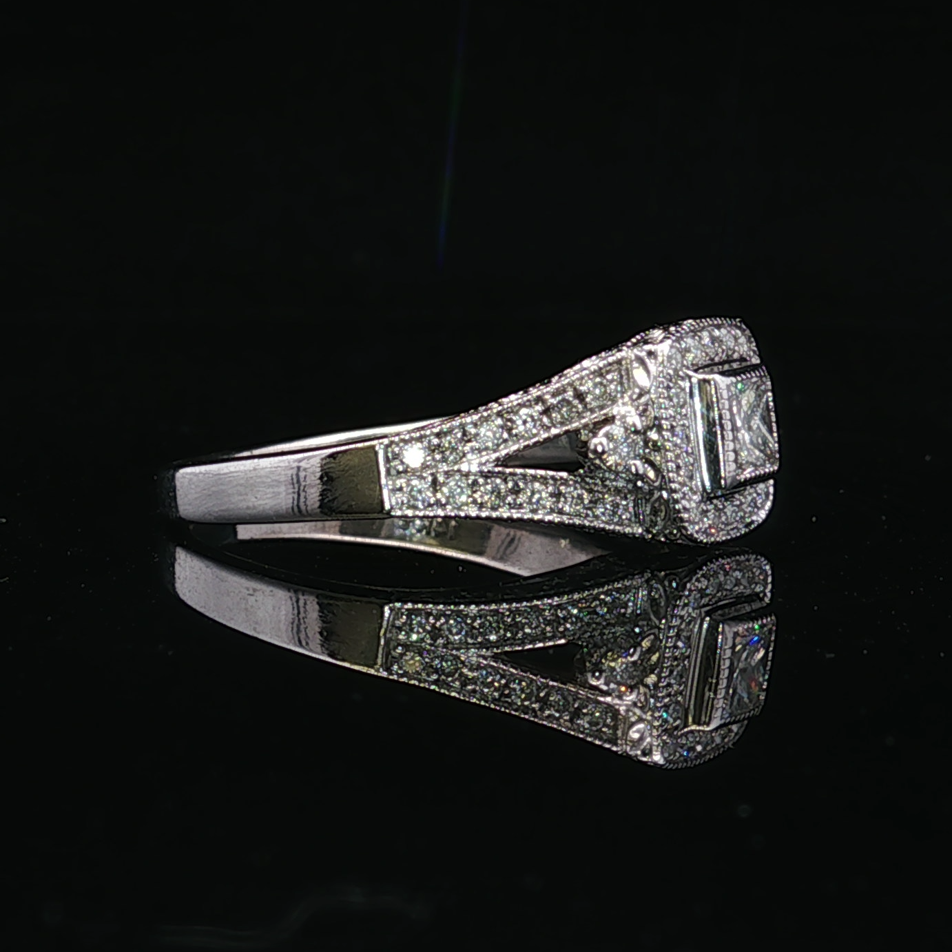 14K White Gold Halo Engagement Ring with Princess Diamond