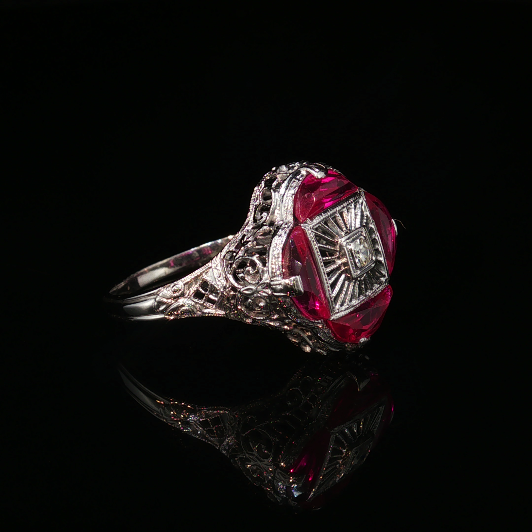 Linnea 14k White Gold Ruby & Diamond Filigree Estate Ring