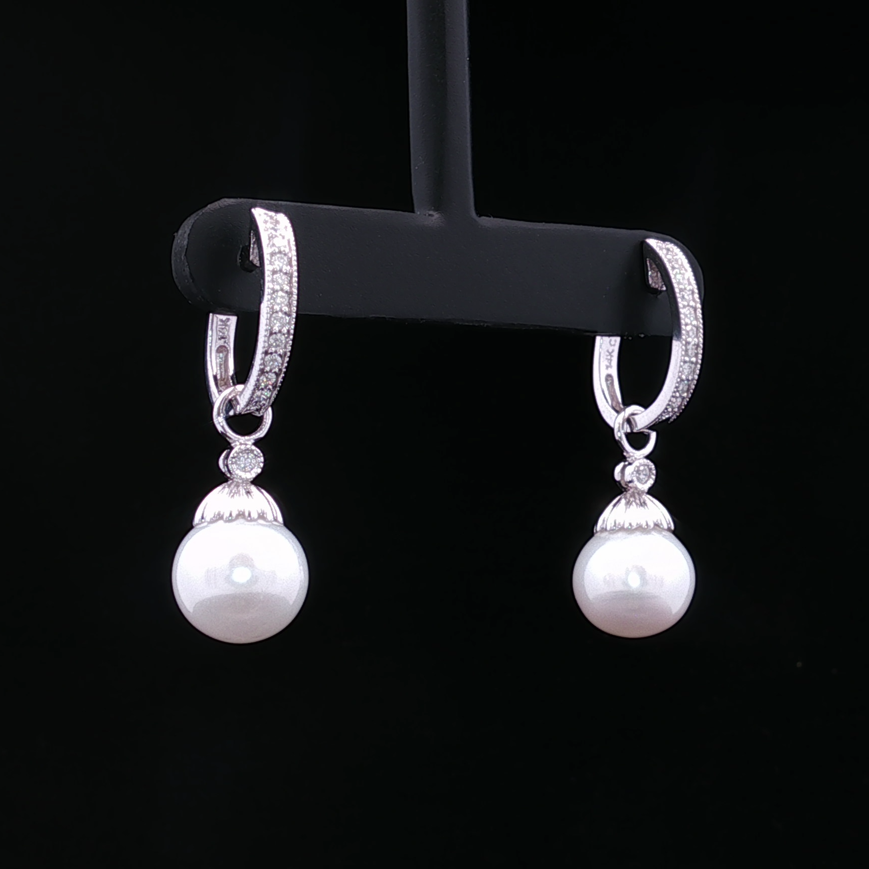 14K White Gold Dangle Earrings with 9mm Pearls and Diamonds