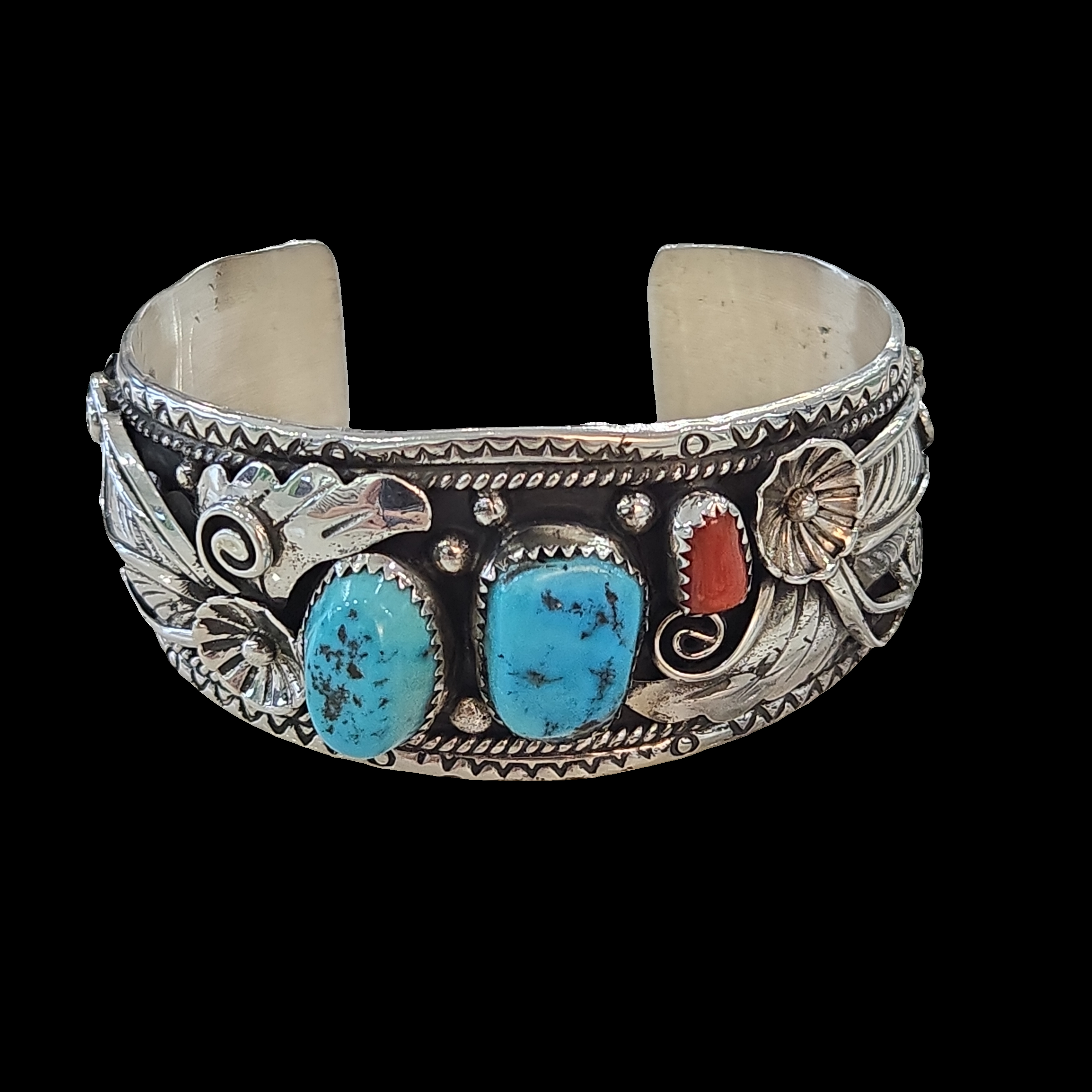 South West Turquoise & Red Coral Navajo Cuff