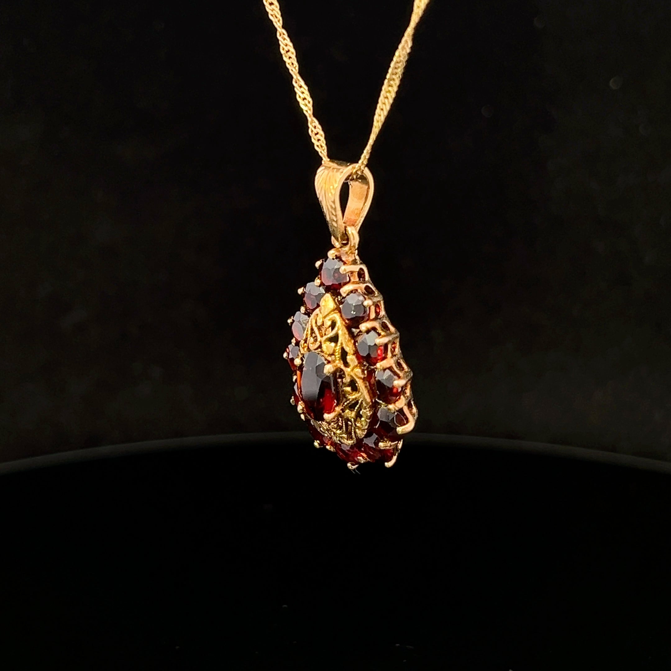 Della 18KY Garnet Filigree Teardrop Pendant on 14KY Singapore Chain