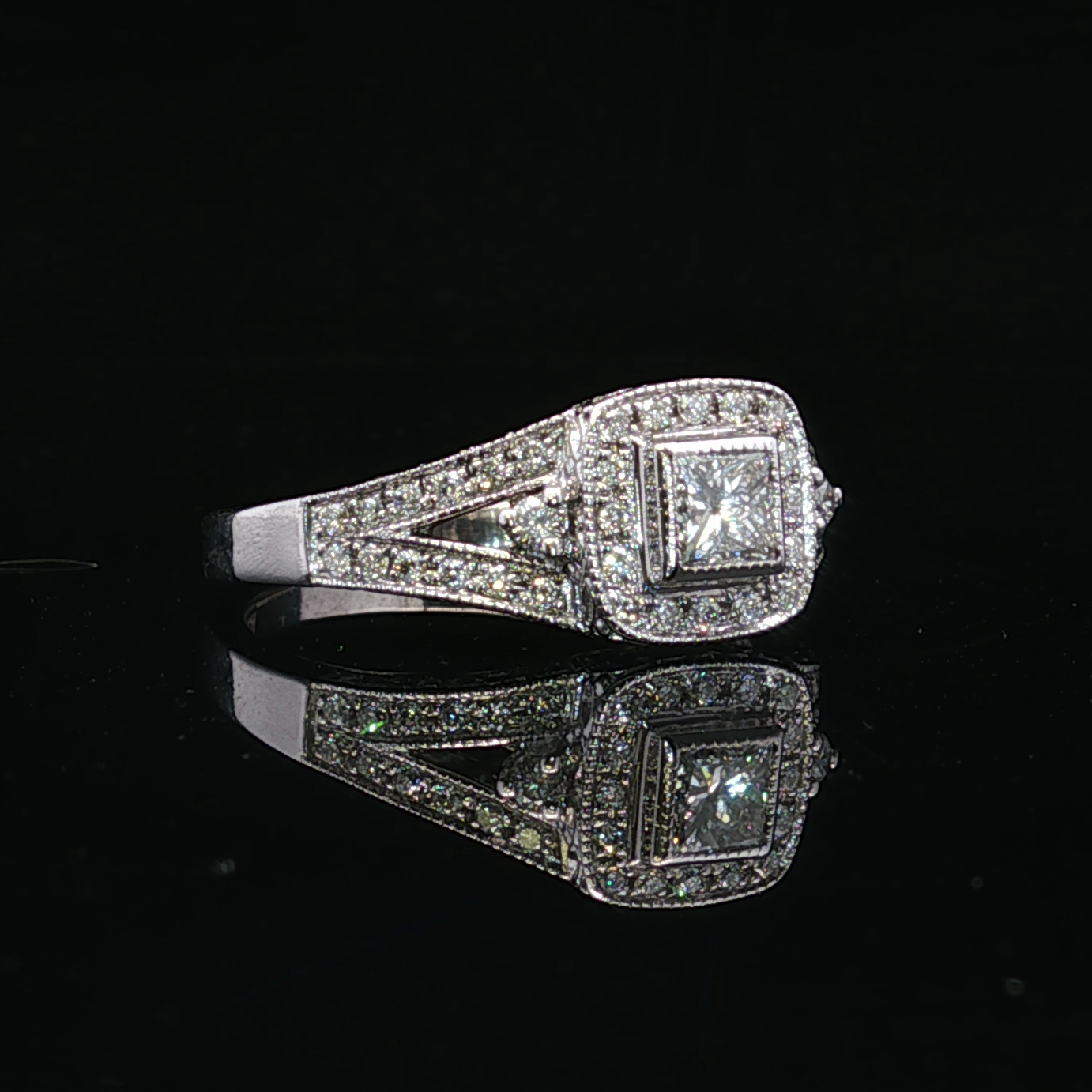 14K White Gold Halo Engagement Ring with Princess Diamond