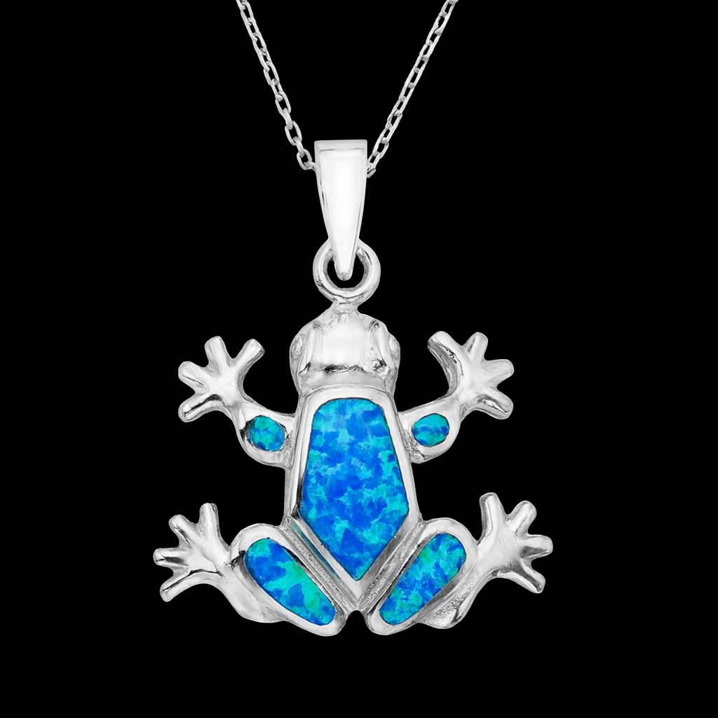 White Silver Frog Necklace with Blue Opal Inlay – 18 Inch