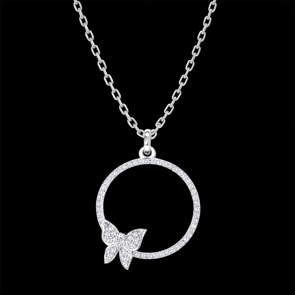Sterling Silver Circle Necklace with Diamond Butterfly