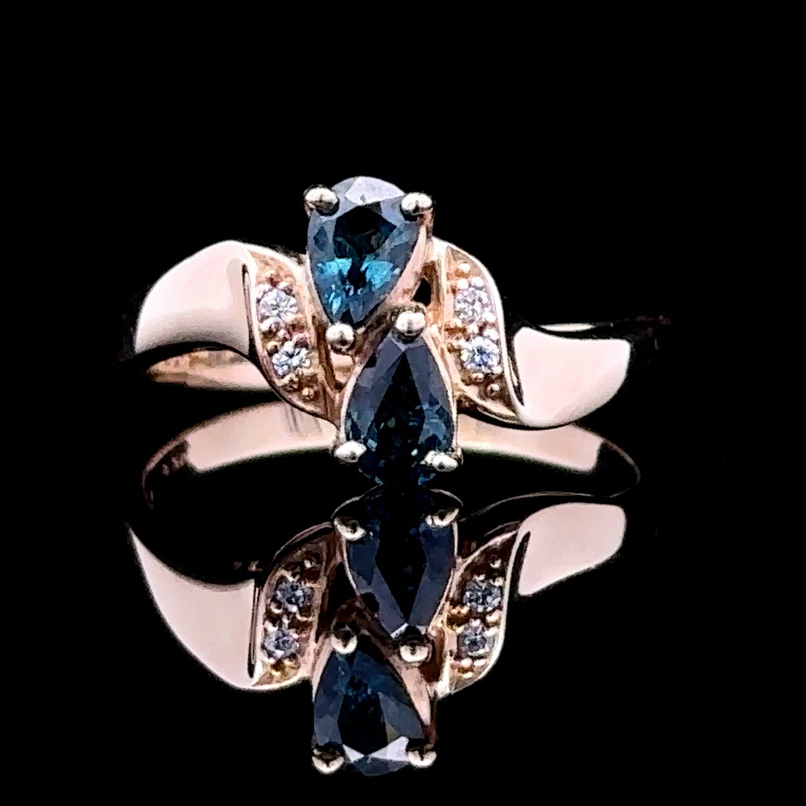 14K yellow gold ring with double pear sapphires