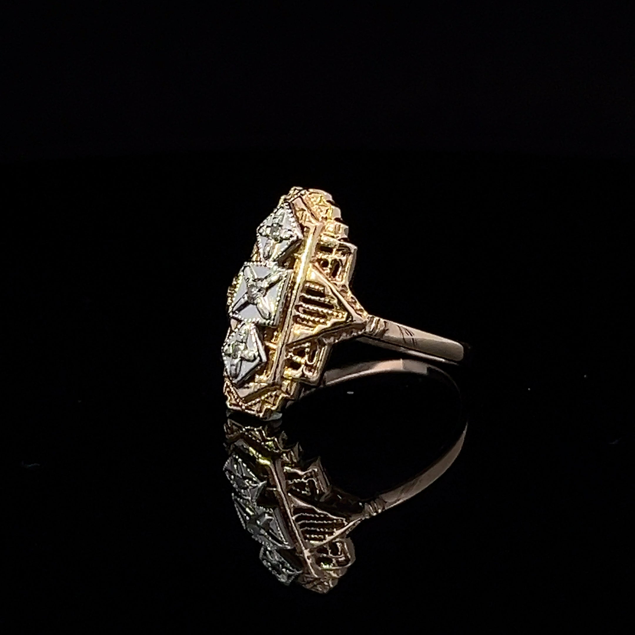 Fernanda 10K Two-Tone Gold Vintage Filigree Ring with 3 Diamonds