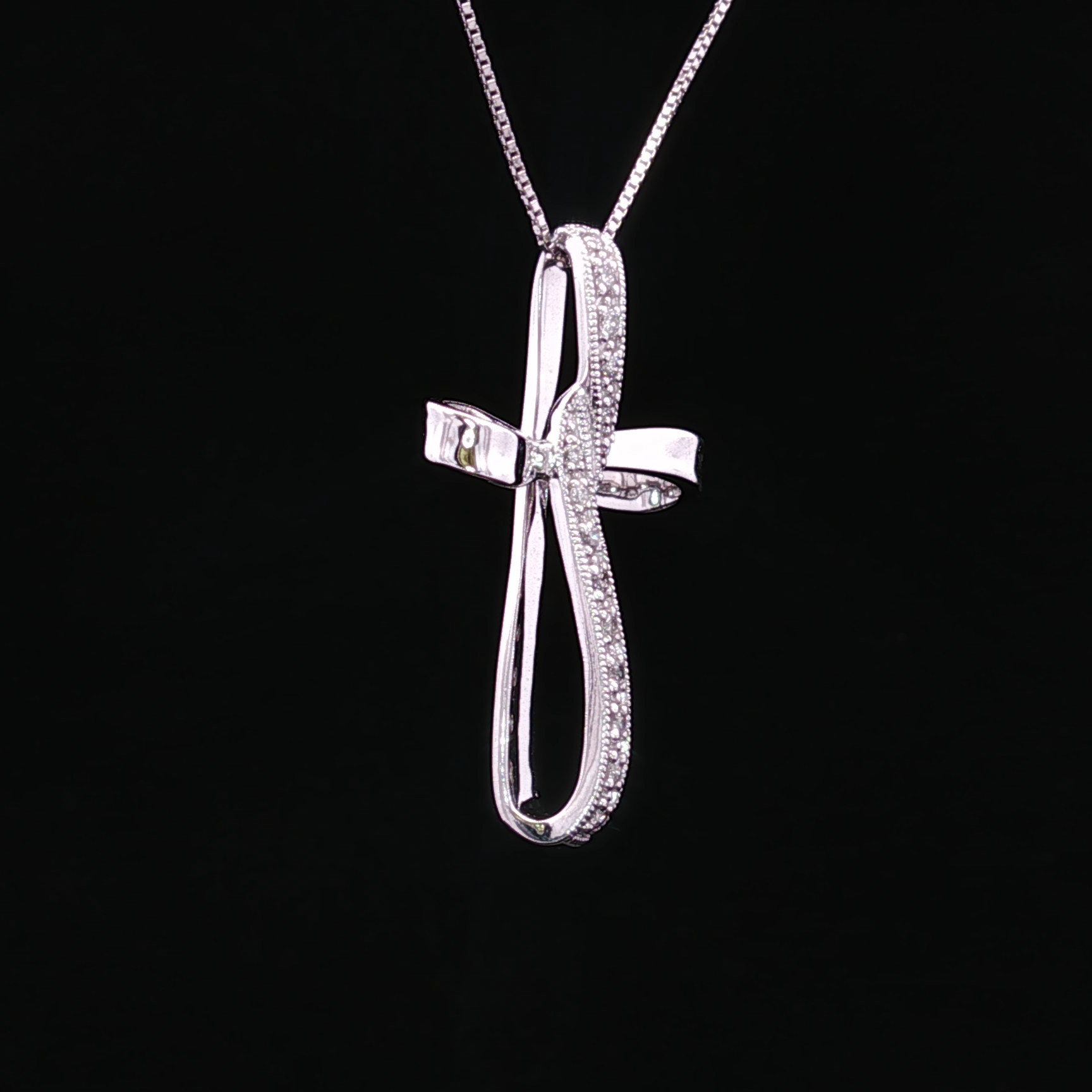 10K White Gold Diamond Cross Necklace with Hidden Bail