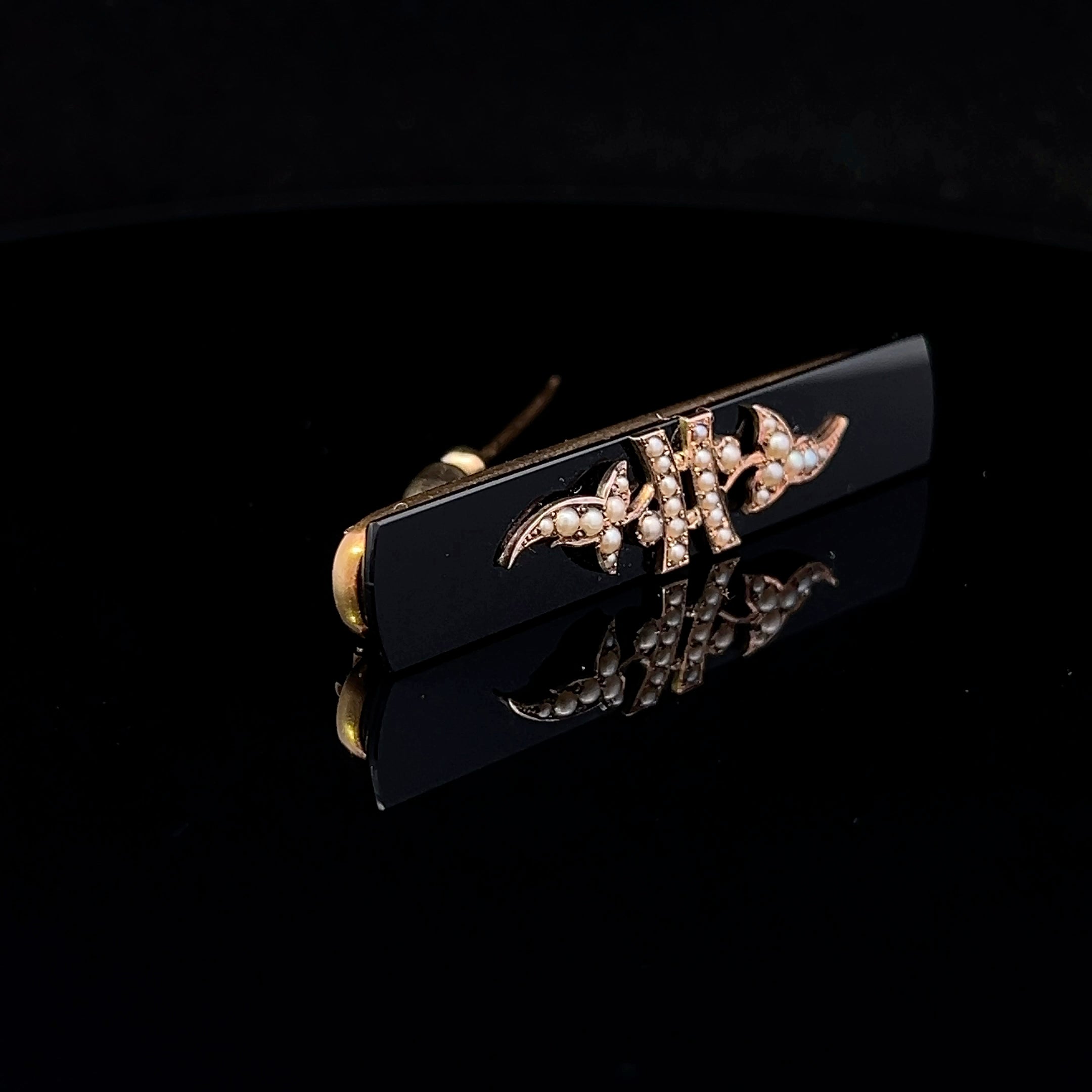 Jillian 14K Yellow Gold Victorian Mourning Pin with Onyx & Seed Pearls