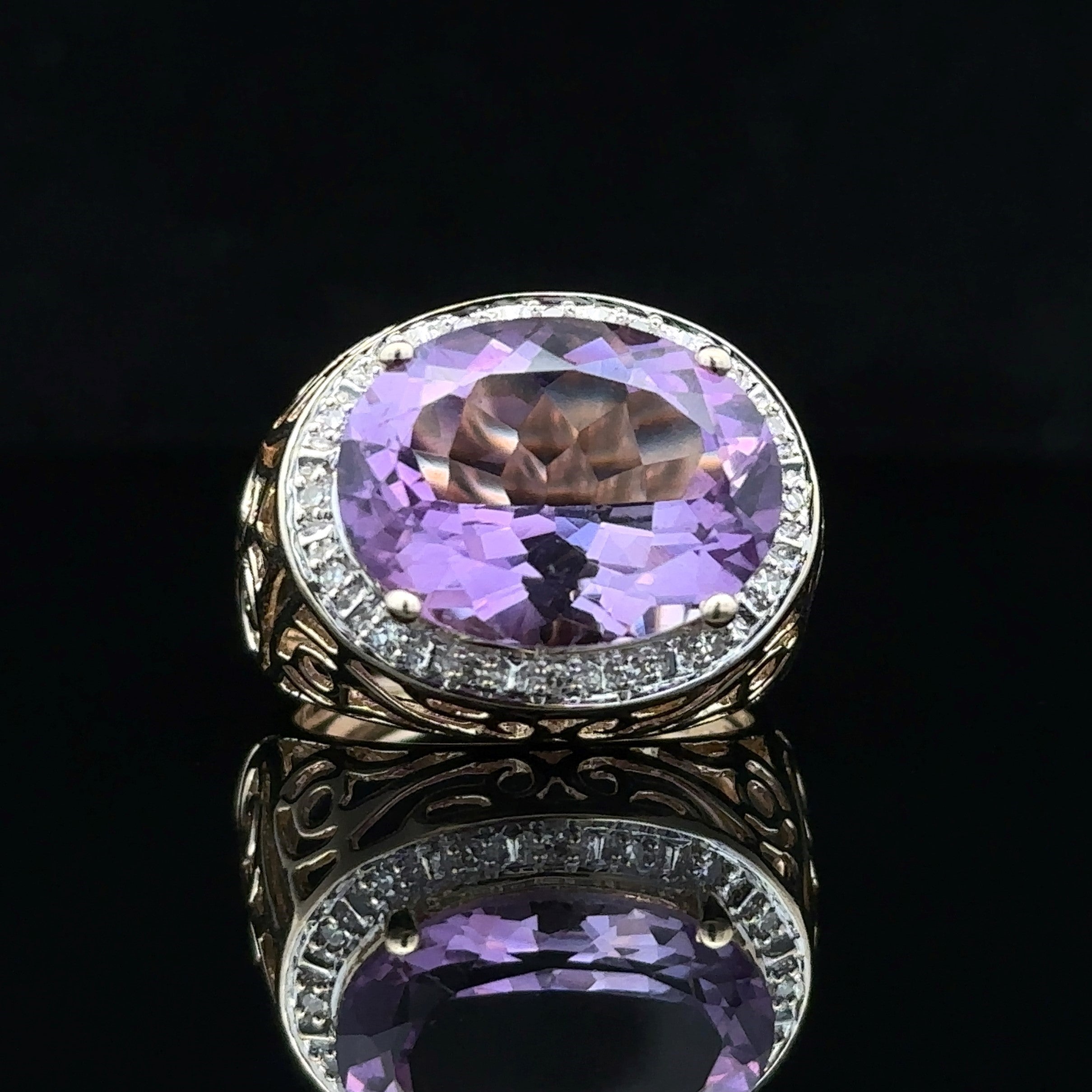 Jaycee Two-Tone 14K Filigree Vintage Ring with Amethyst and Diamonds