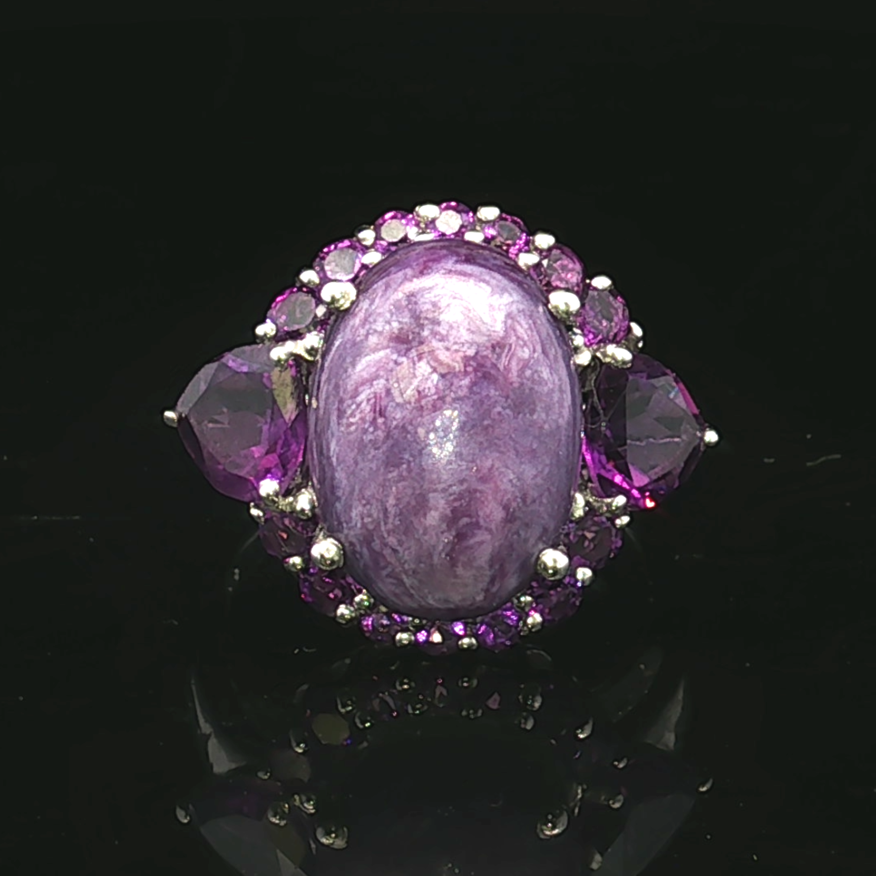 Annettee Charoite Amethyst Halo Silver Ring