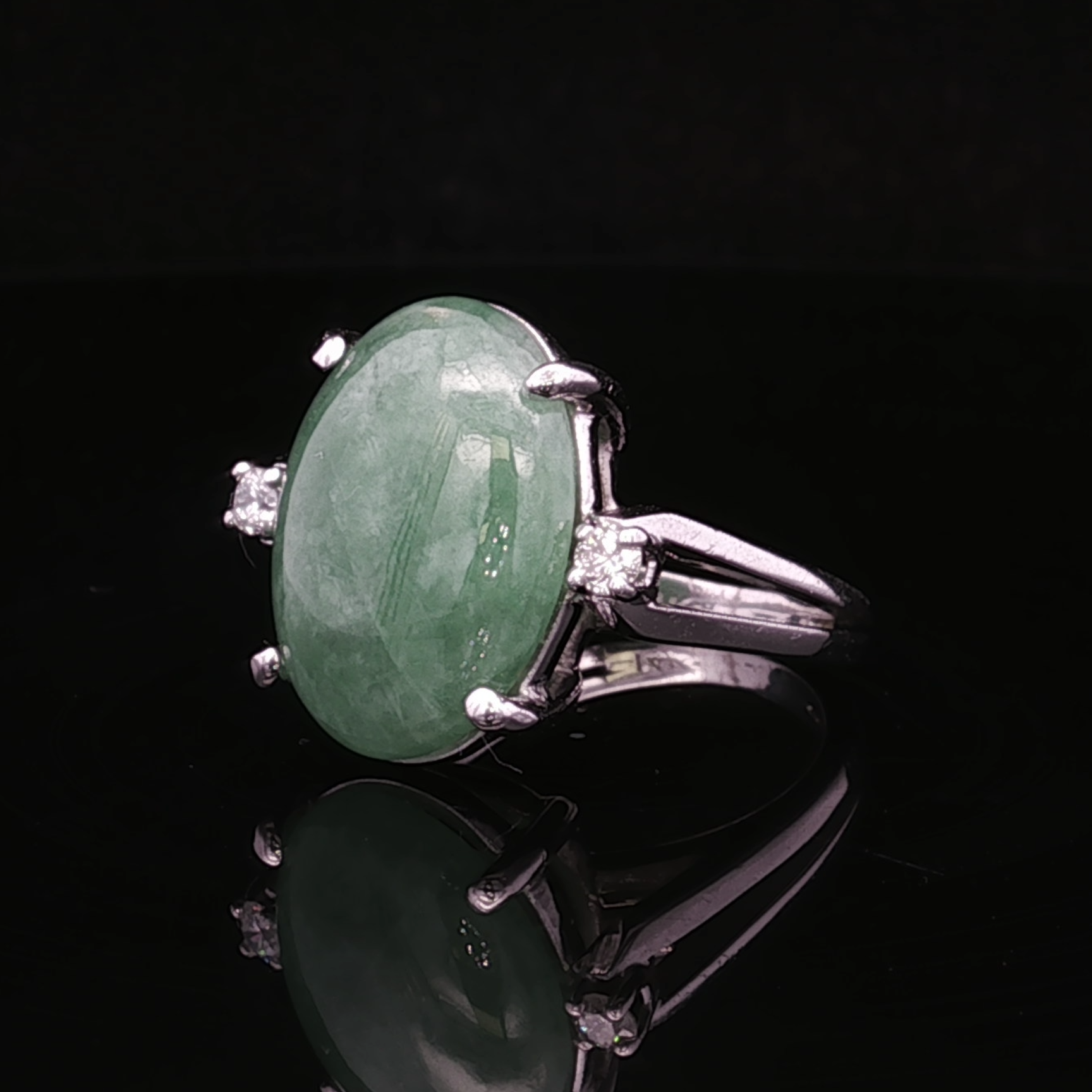Adrianna 14K White Gold Oval Jade and Diamond Ring