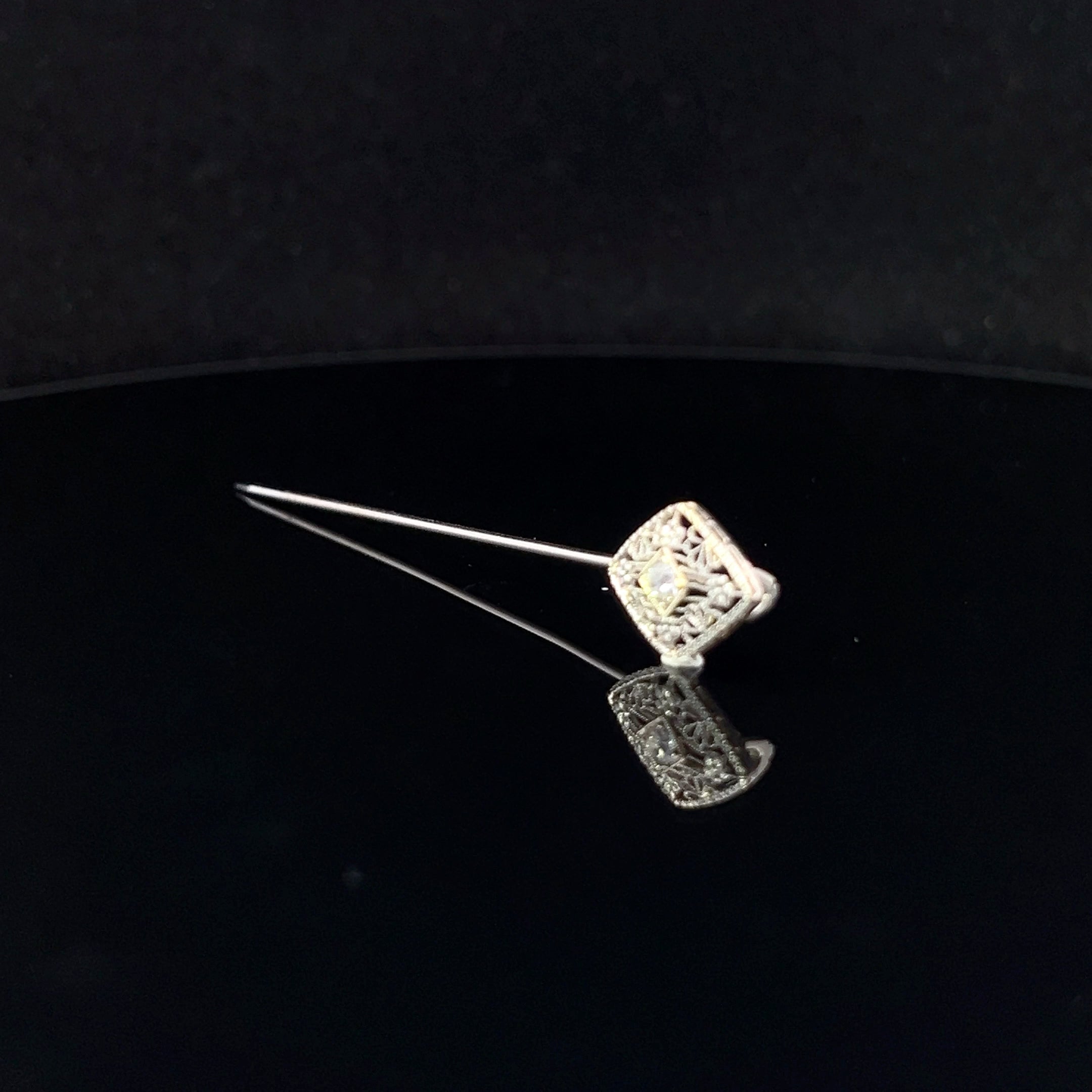 Flora 14k White Gold Filigree Stick Pin with .10ct European Cut Diamond