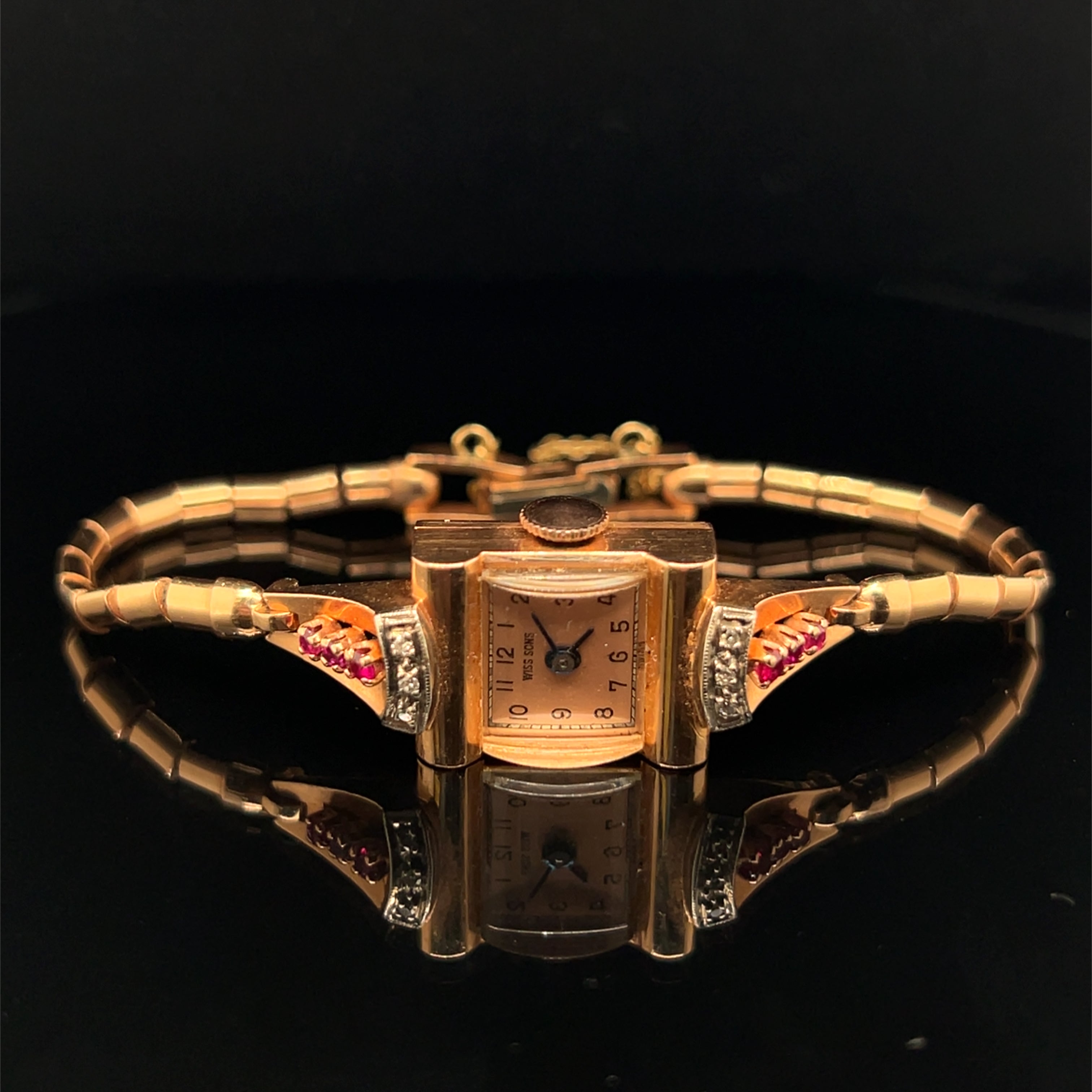 Wiss & Sons 14K Rose Gold Ladies Tank Watch with Diamond & Ruby Accents