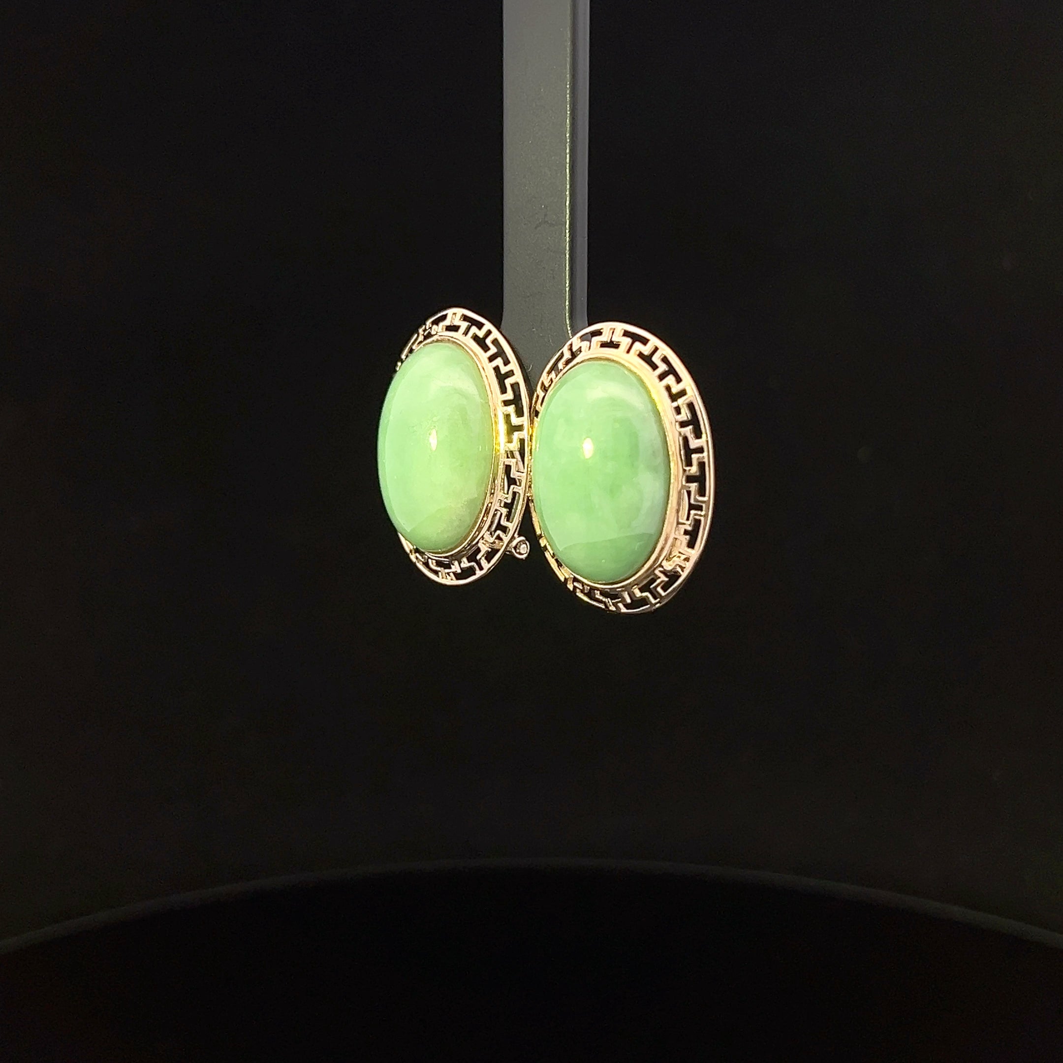 Romilda 14K Yellow Gold Oval Jade Earrings with Greek Key Edge