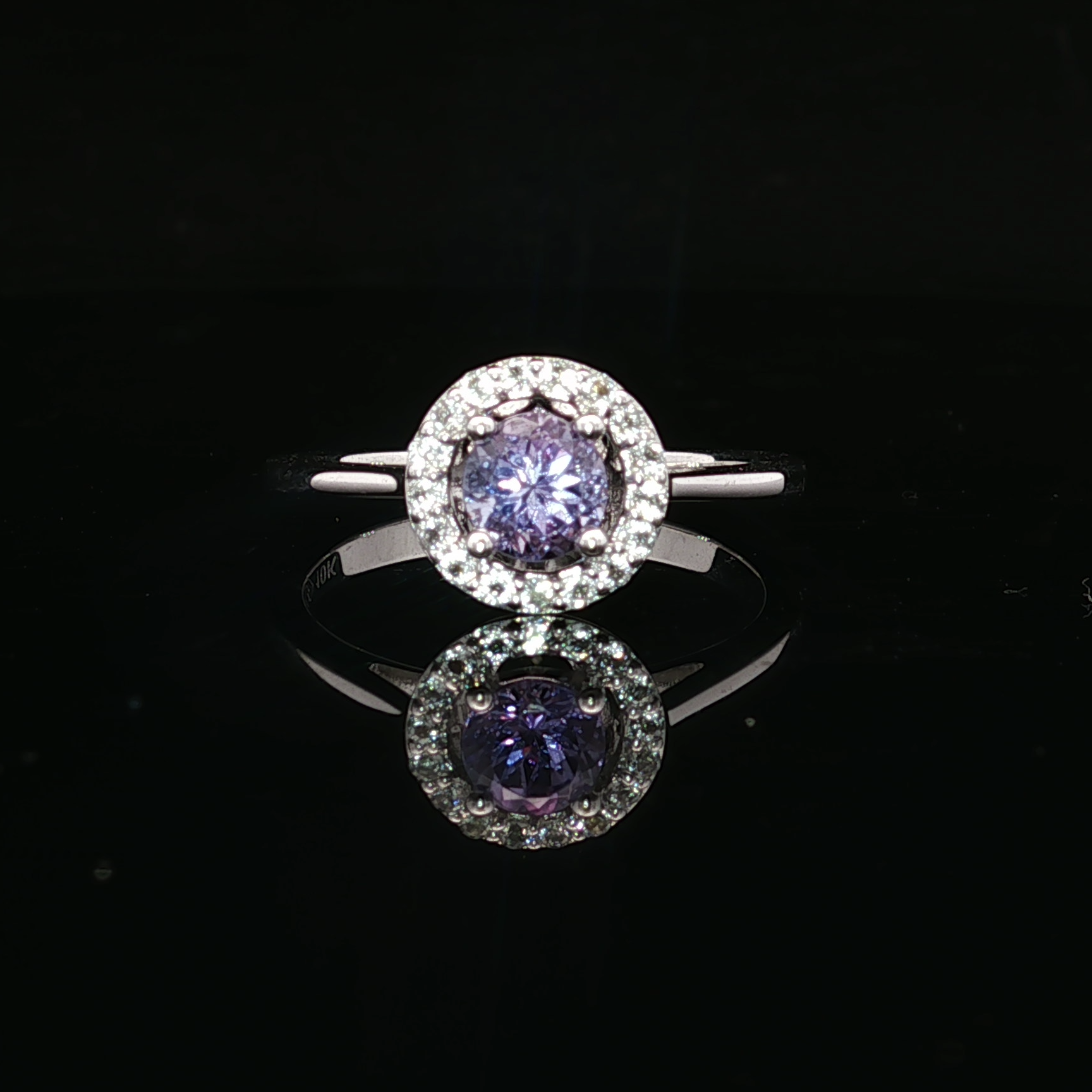 10K White Gold Halo Ring with Tanzanite and Diamonds