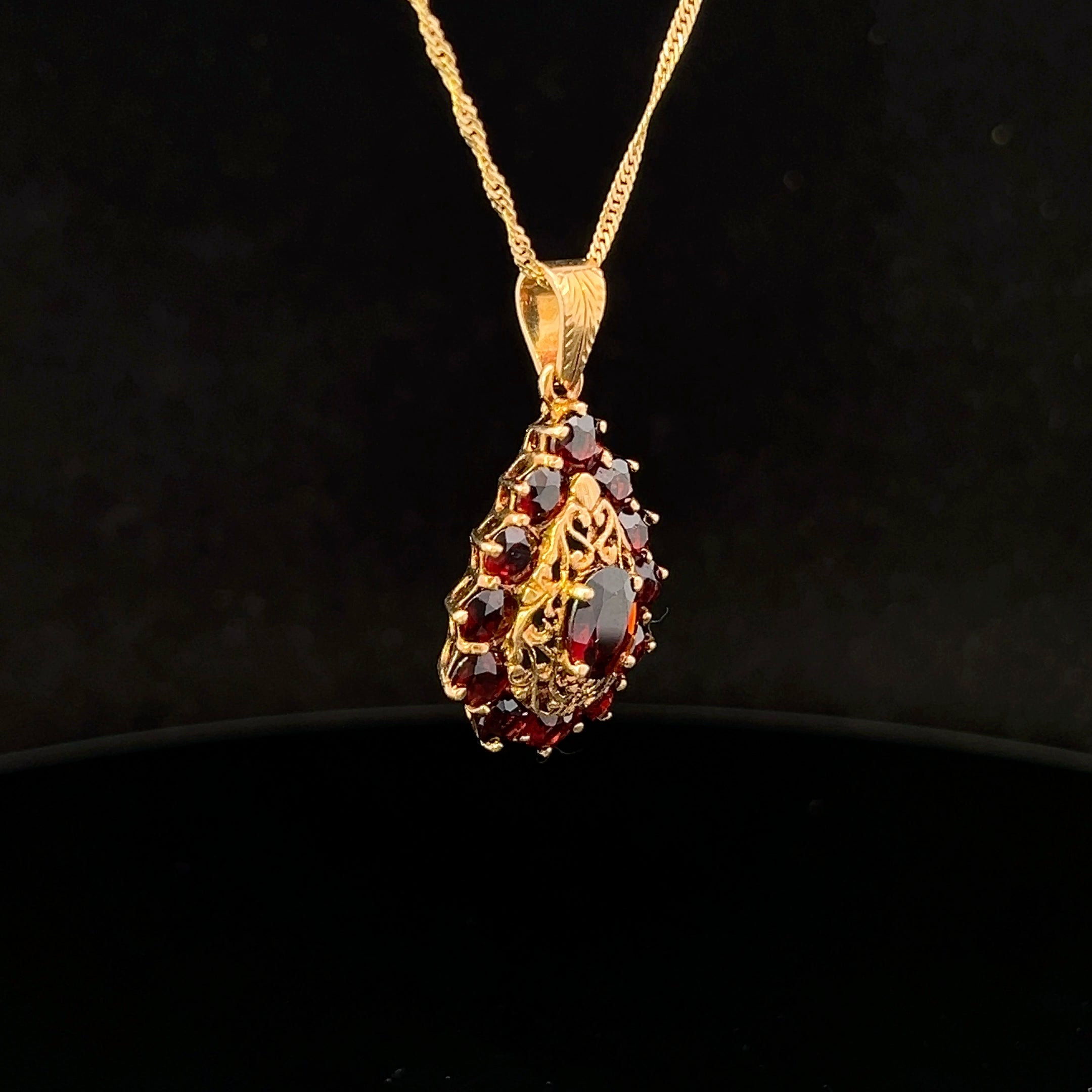 Della 18KY Garnet Filigree Teardrop Pendant on 14KY Singapore Chain