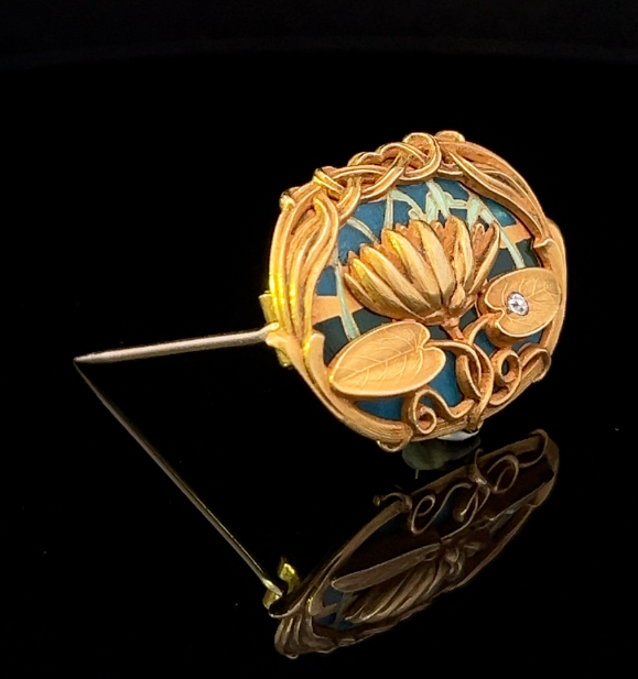 Myah 14KY Riker Bros. 1890s Art Nouveau Watch Pin Enamel