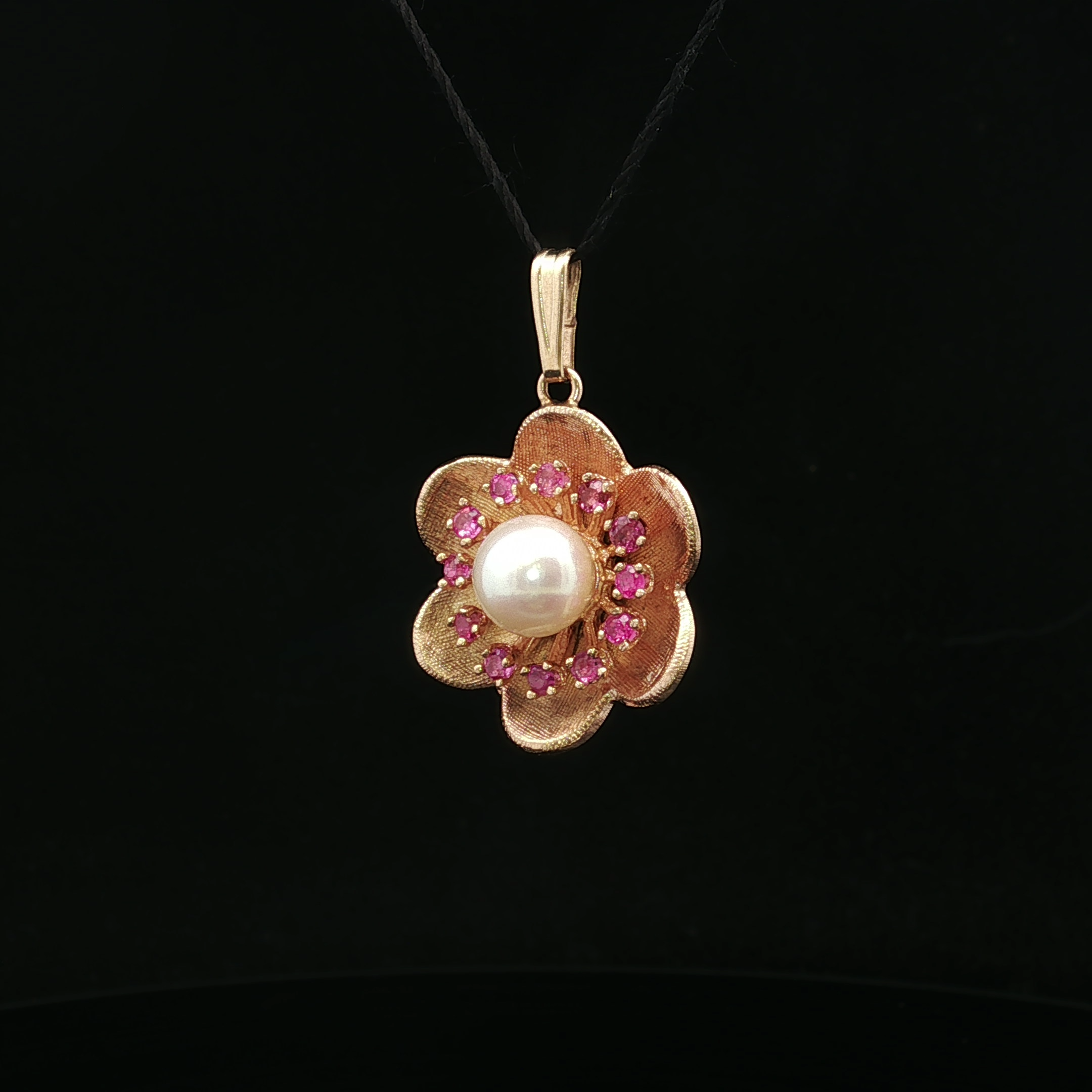 Imogene Ruby and Pearl Flower Pendant 14K Gold