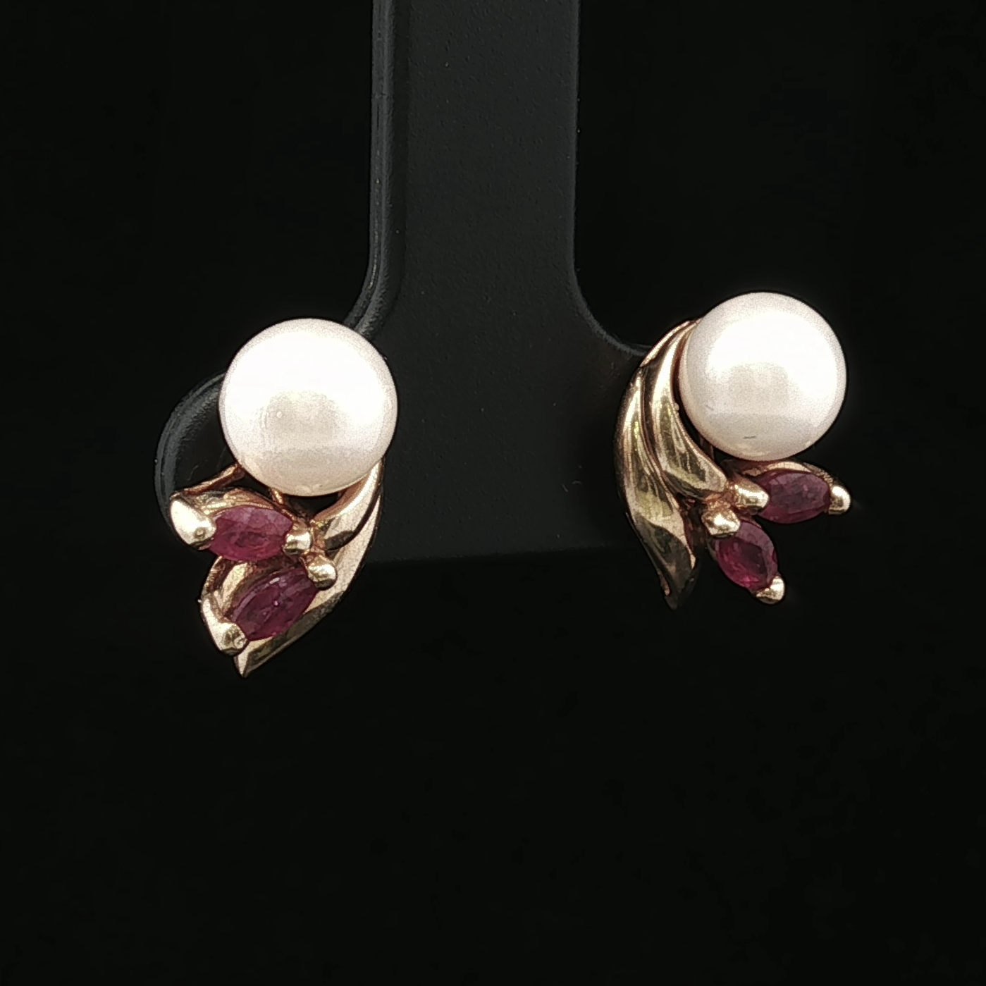 Mabele Pearl Stud Earrings with Ruby Accents in 14K Yellow Gold