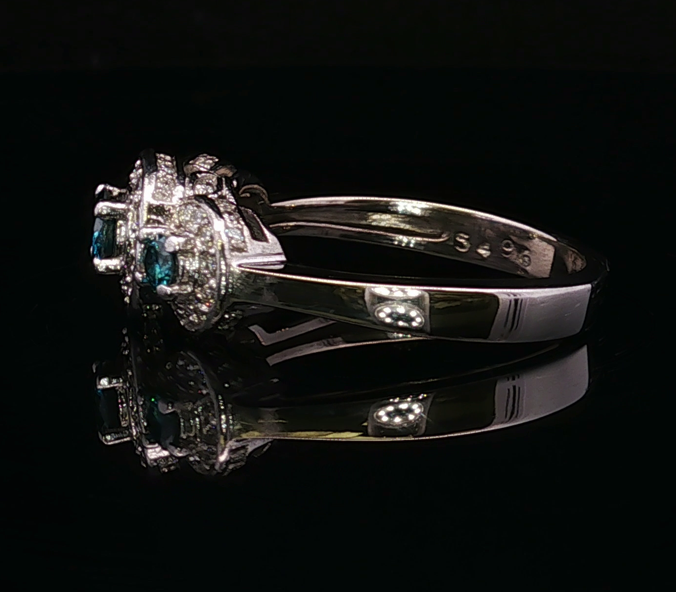 Celine 14KW Blue & White Diamond Three Stone Ring