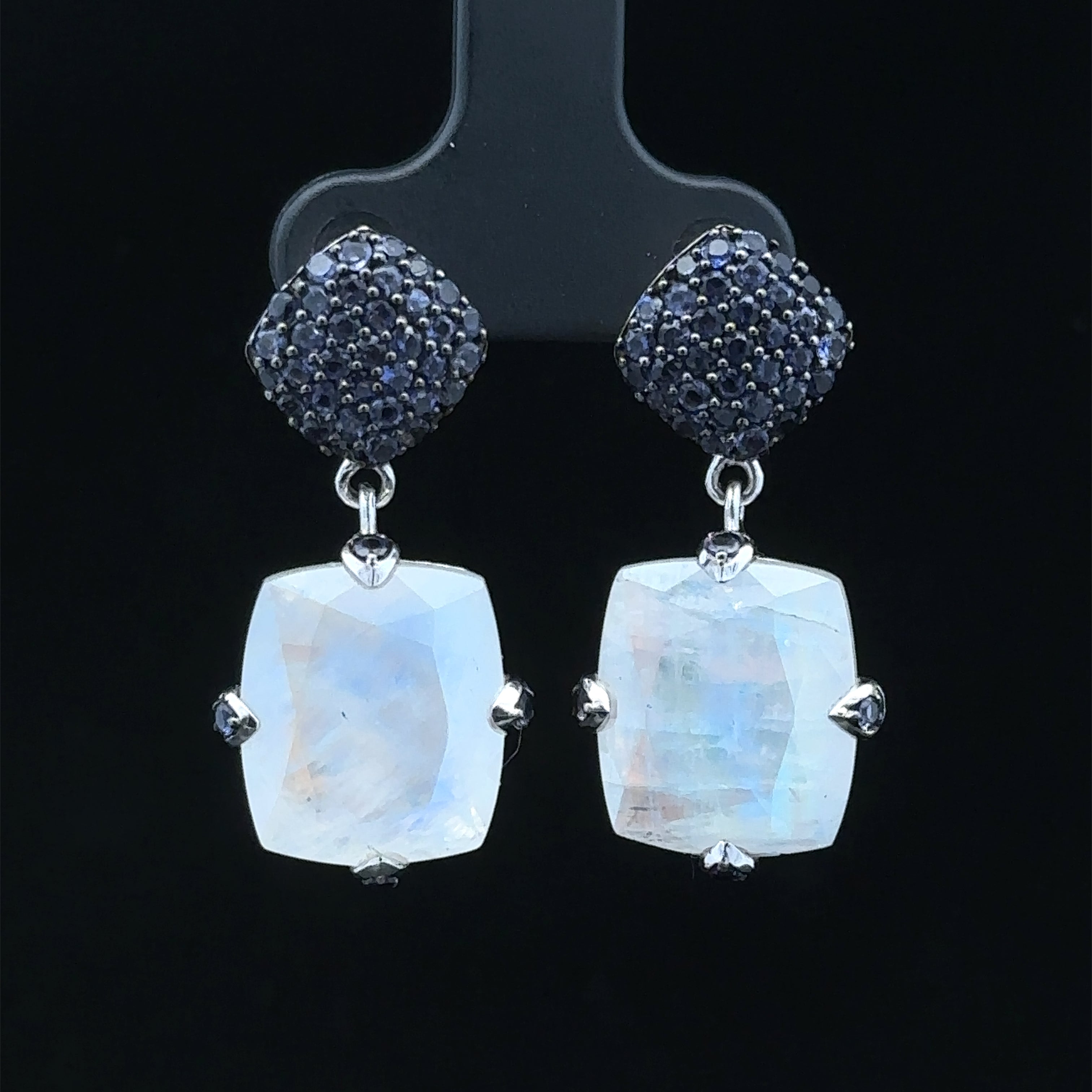 White silver dangle earrings with iolite and moonstone