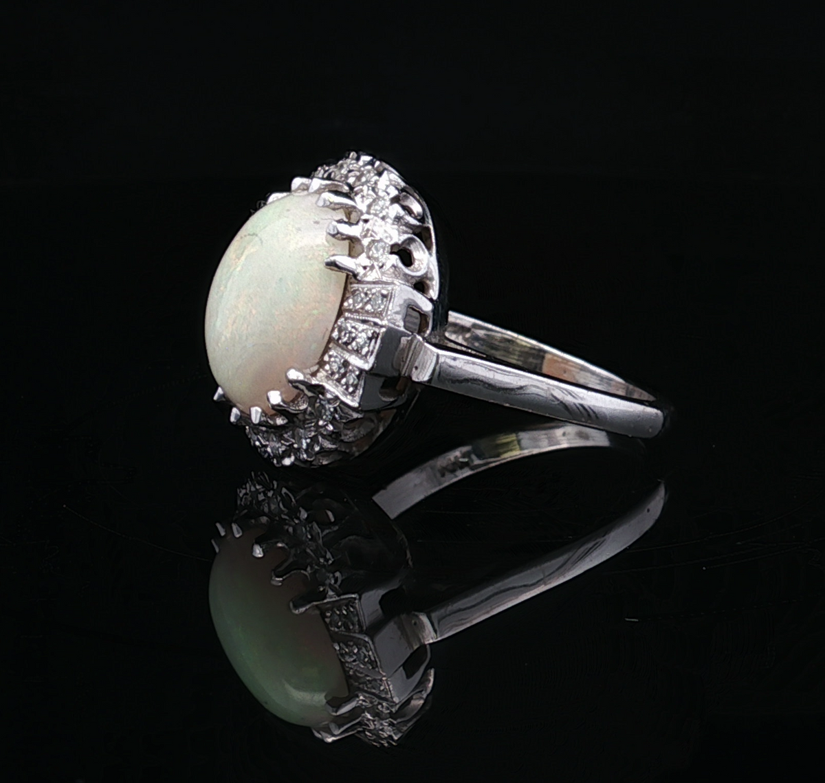 Terri 14K White Gold Oval Opal & Diamond Halo Ring