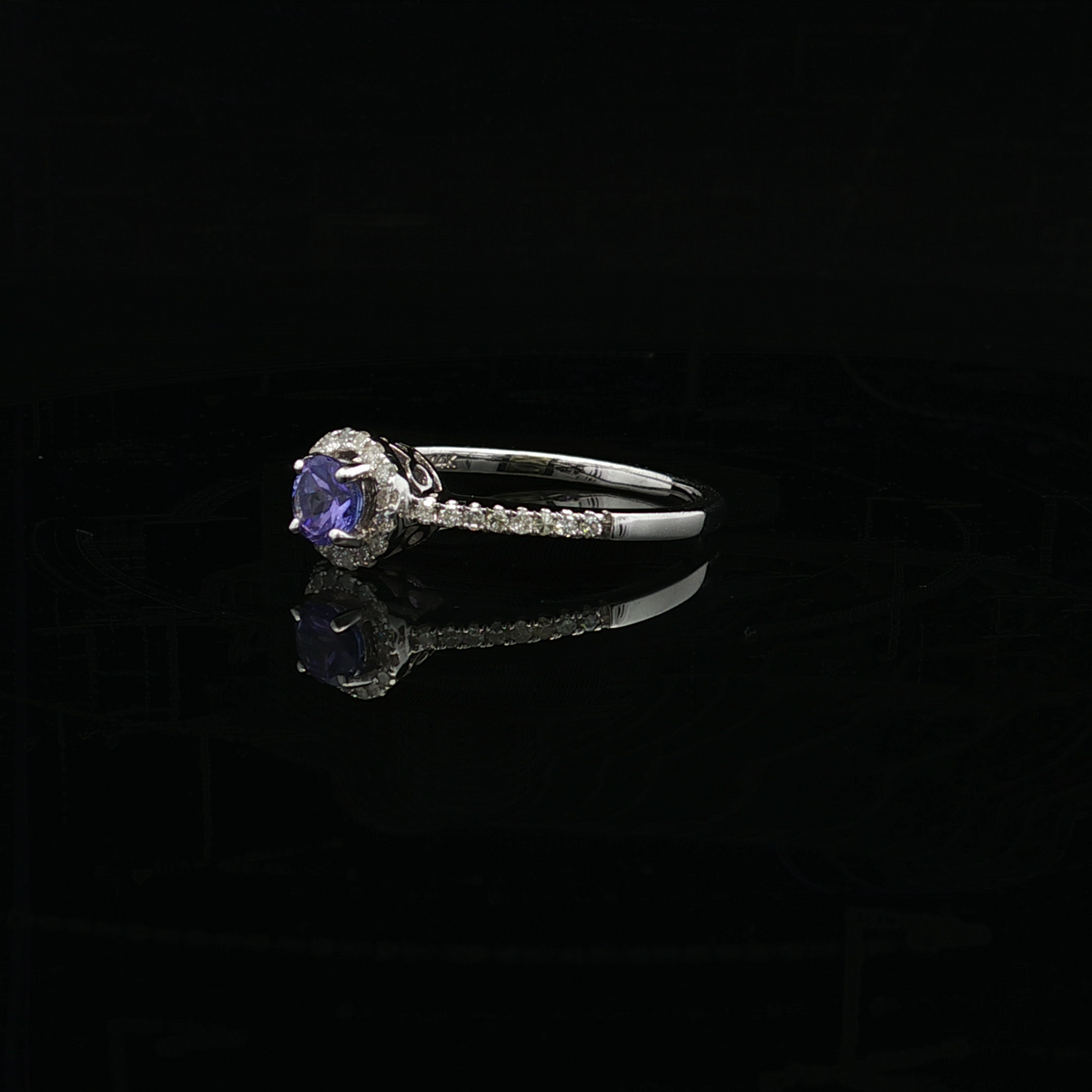 Priscilla 14K White Gold Tanzanite Ring with Halo and Side Diamonds