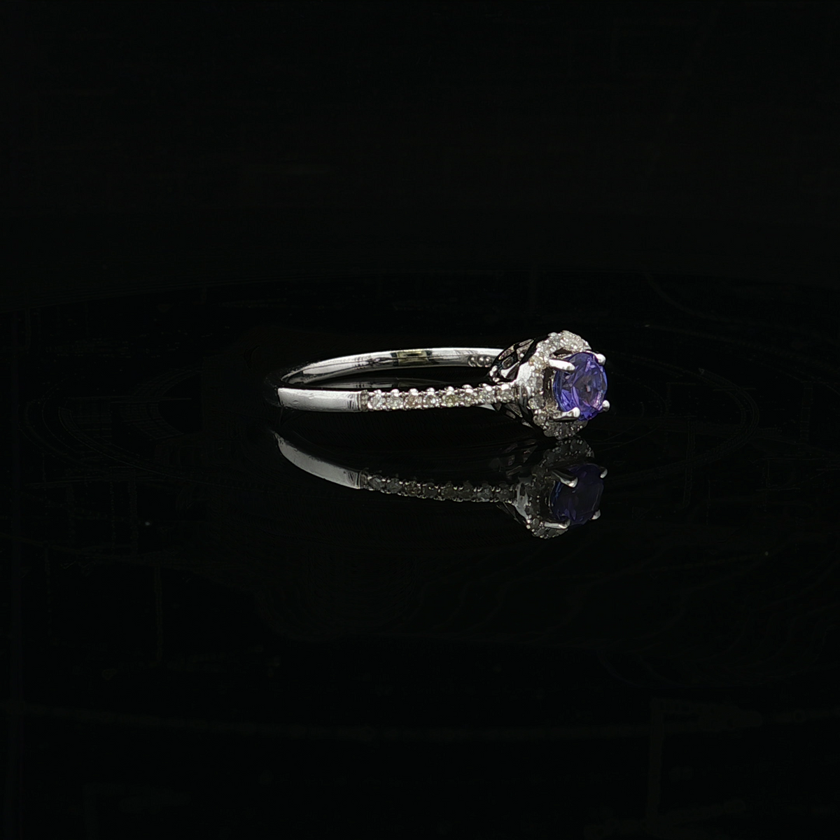 Priscilla 14K White Gold Tanzanite Ring with Halo and Side Diamonds