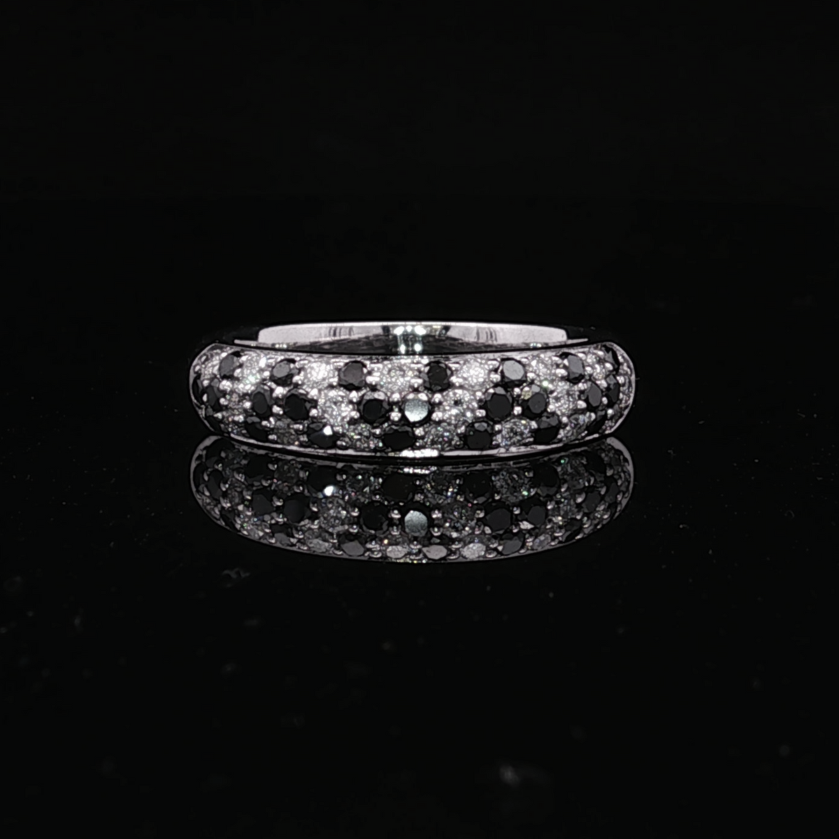 14K White Gold Domed Ring with Black & White Diamonds