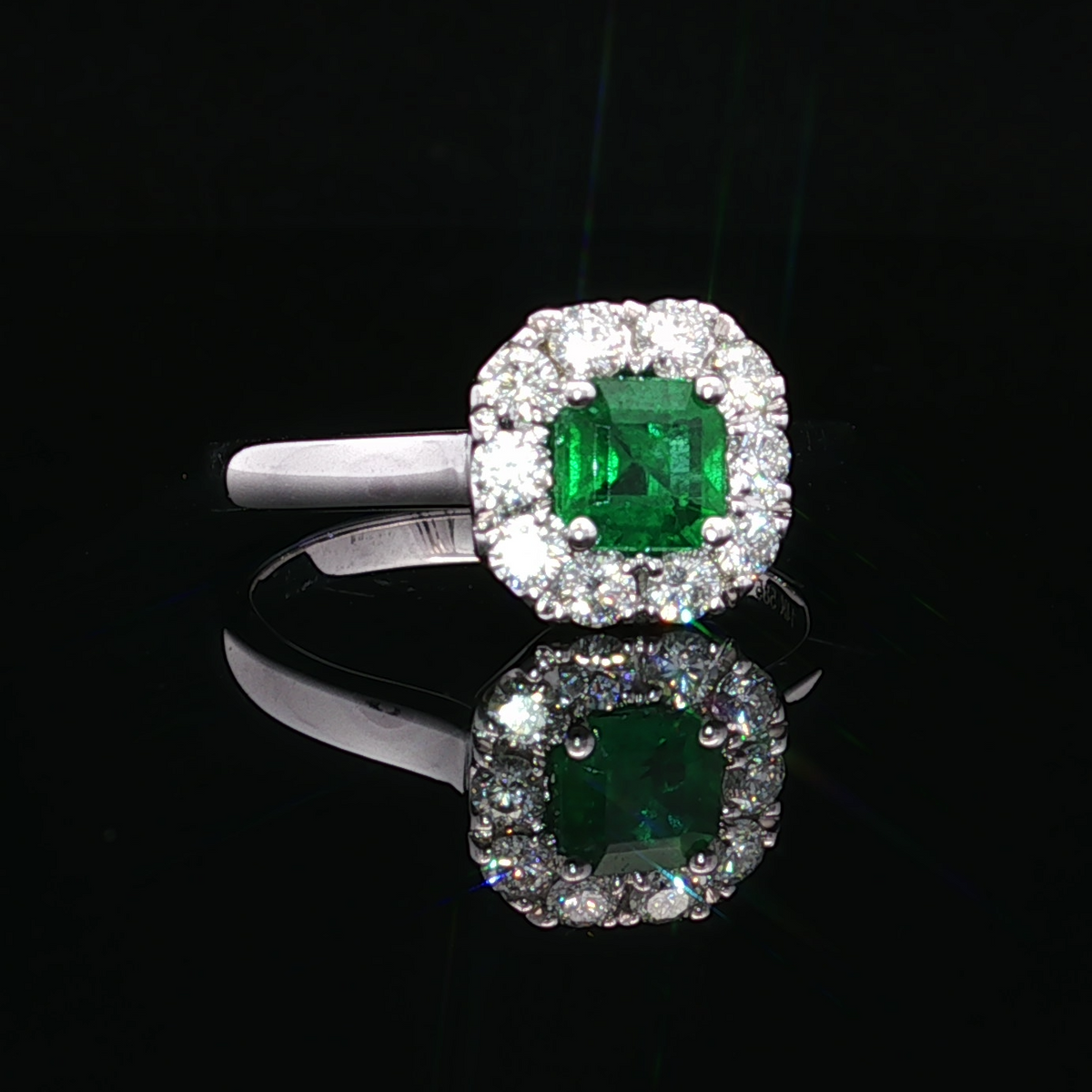 14K White Gold Lennon Ring with Emerald and Diamond Halo