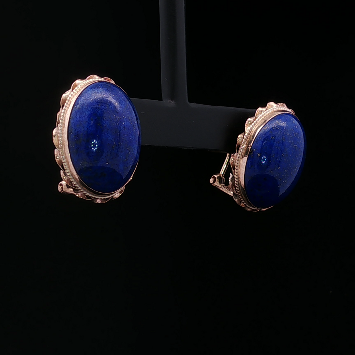 14K Yellow Gold Bezel Set Oval Lapis Earrings