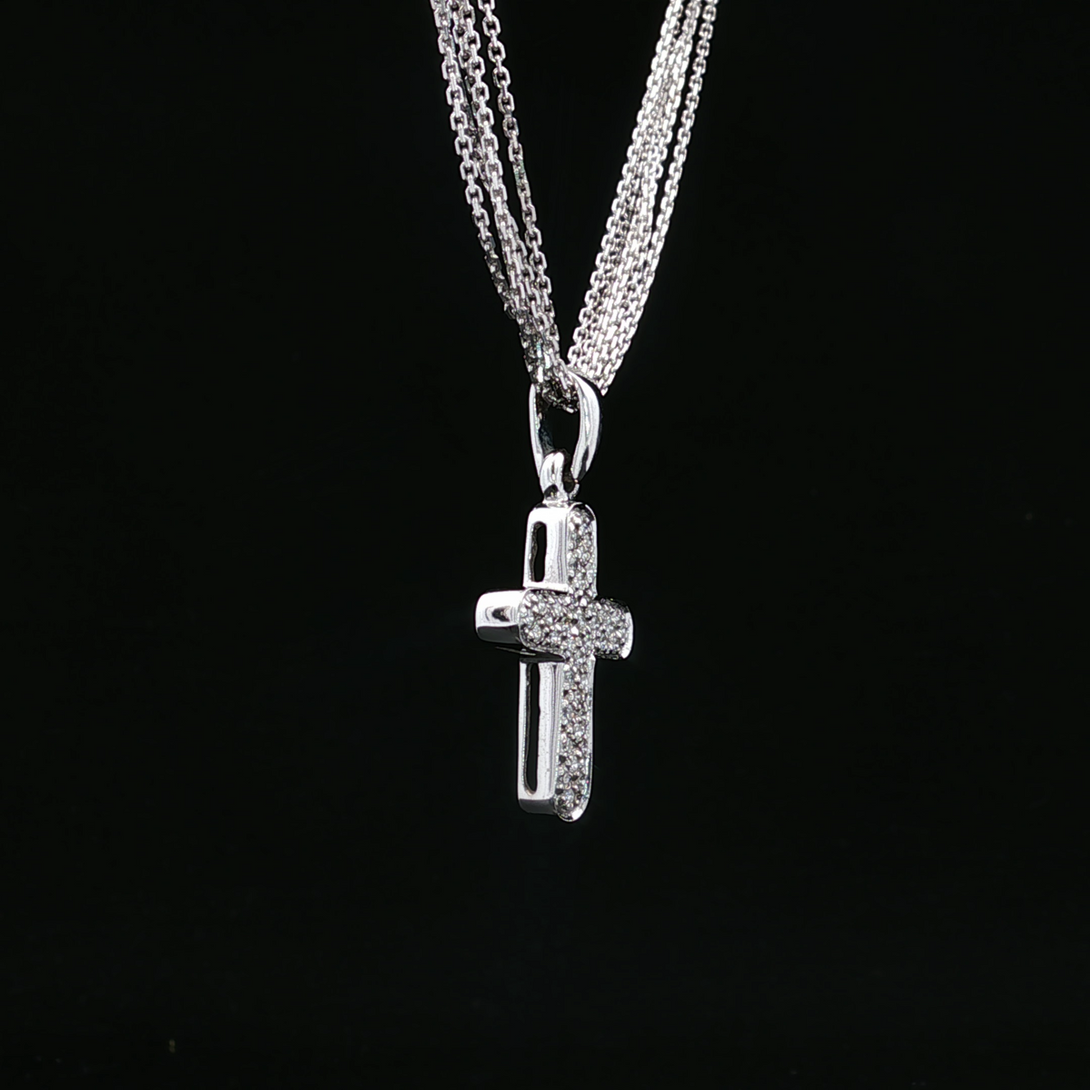14K White Gold Triple Curb Chain Cross Necklace with Diamonds