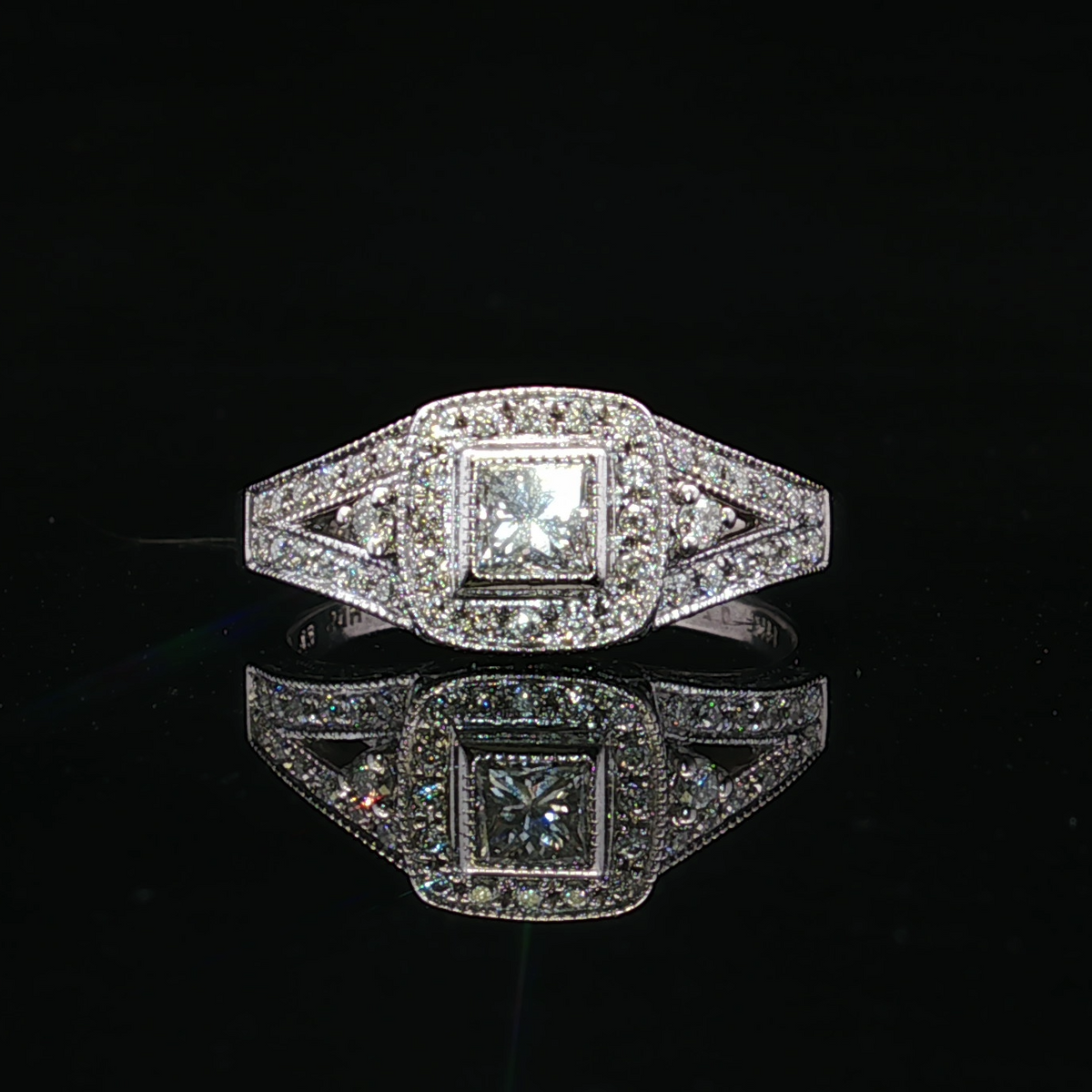 14K White Gold Halo Engagement Ring with Princess Diamond