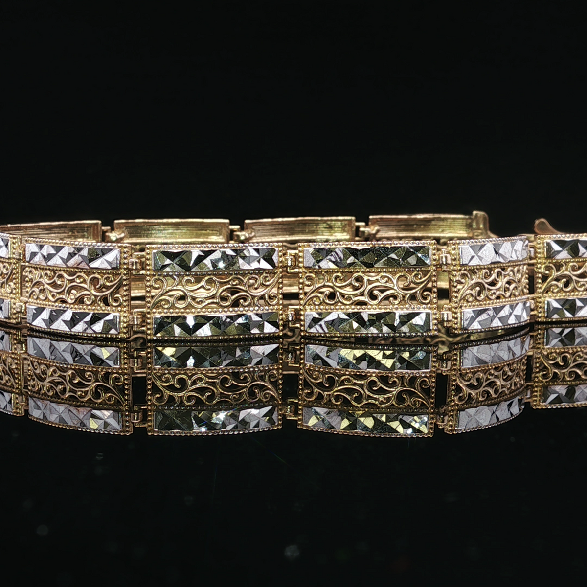 Two-Tone 10K Filigree & Diamond Cut Link Bracelet 7.25"