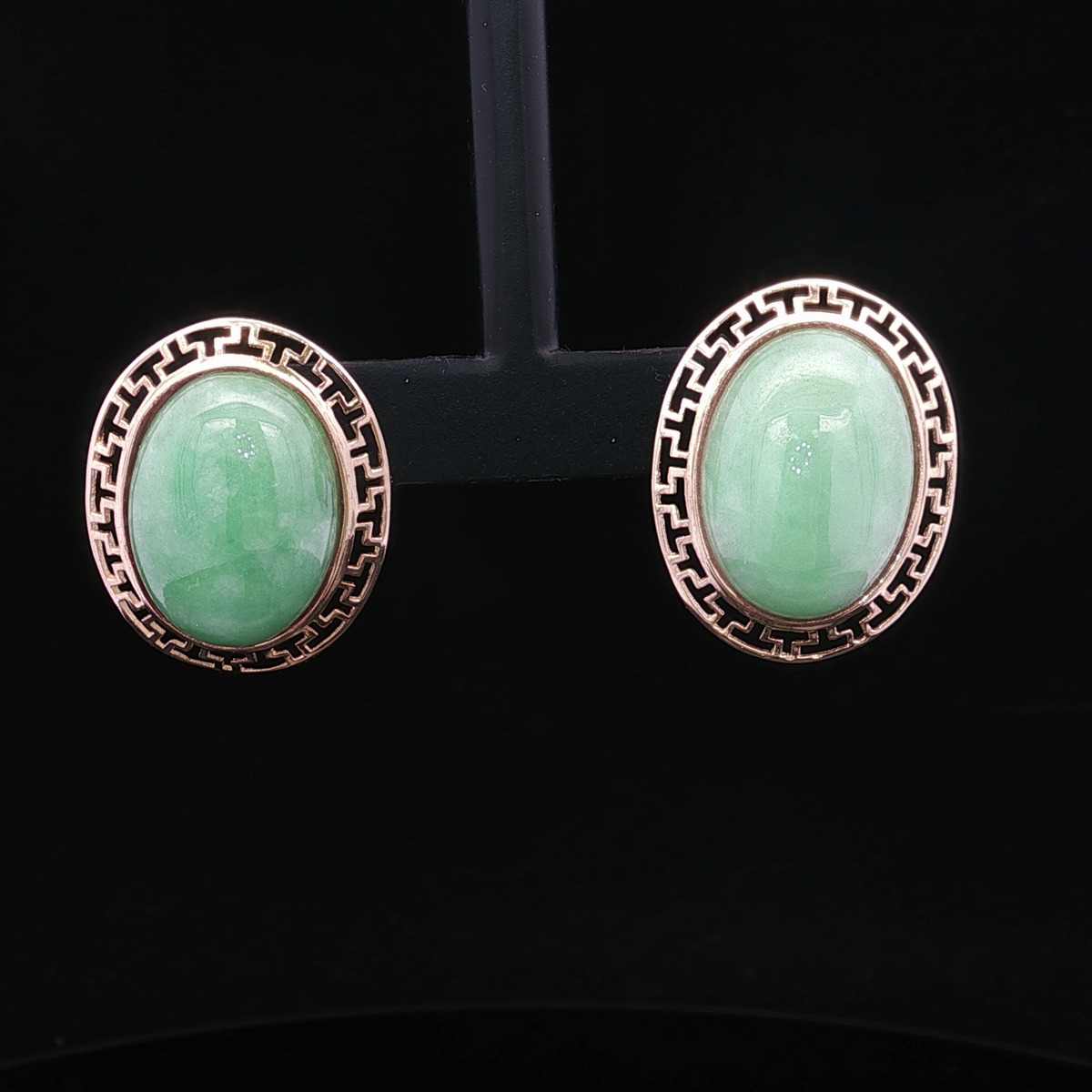 Romilda 14K Yellow Gold Oval Jade Earrings with Greek Key Edge