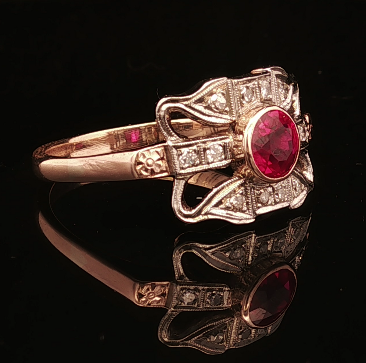 Celine 10K Two Tone Synthetic Ruby & .18CTW Diamond Estate Ring