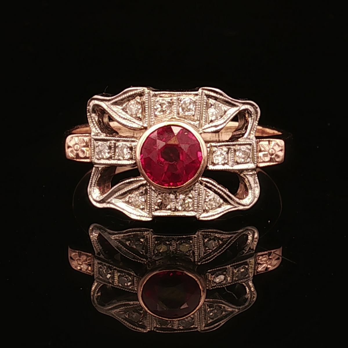 Celine 10K Two Tone Synthetic Ruby & .18CTW Diamond Estate Ring