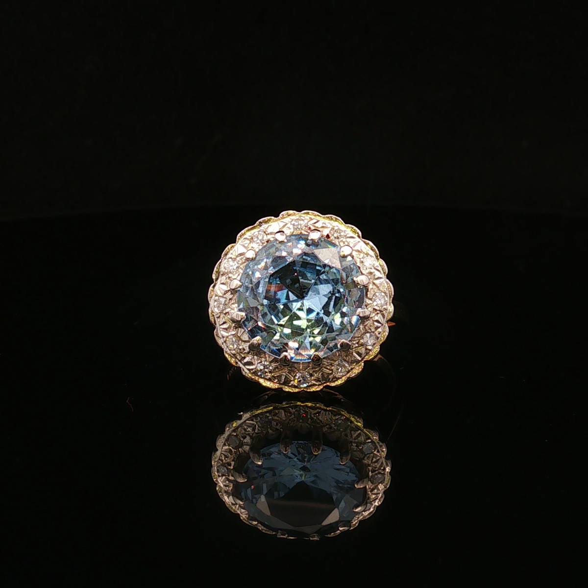 Esmee 14K Two Tone 9 CT Blue Topaz & Diamond Halo Ring