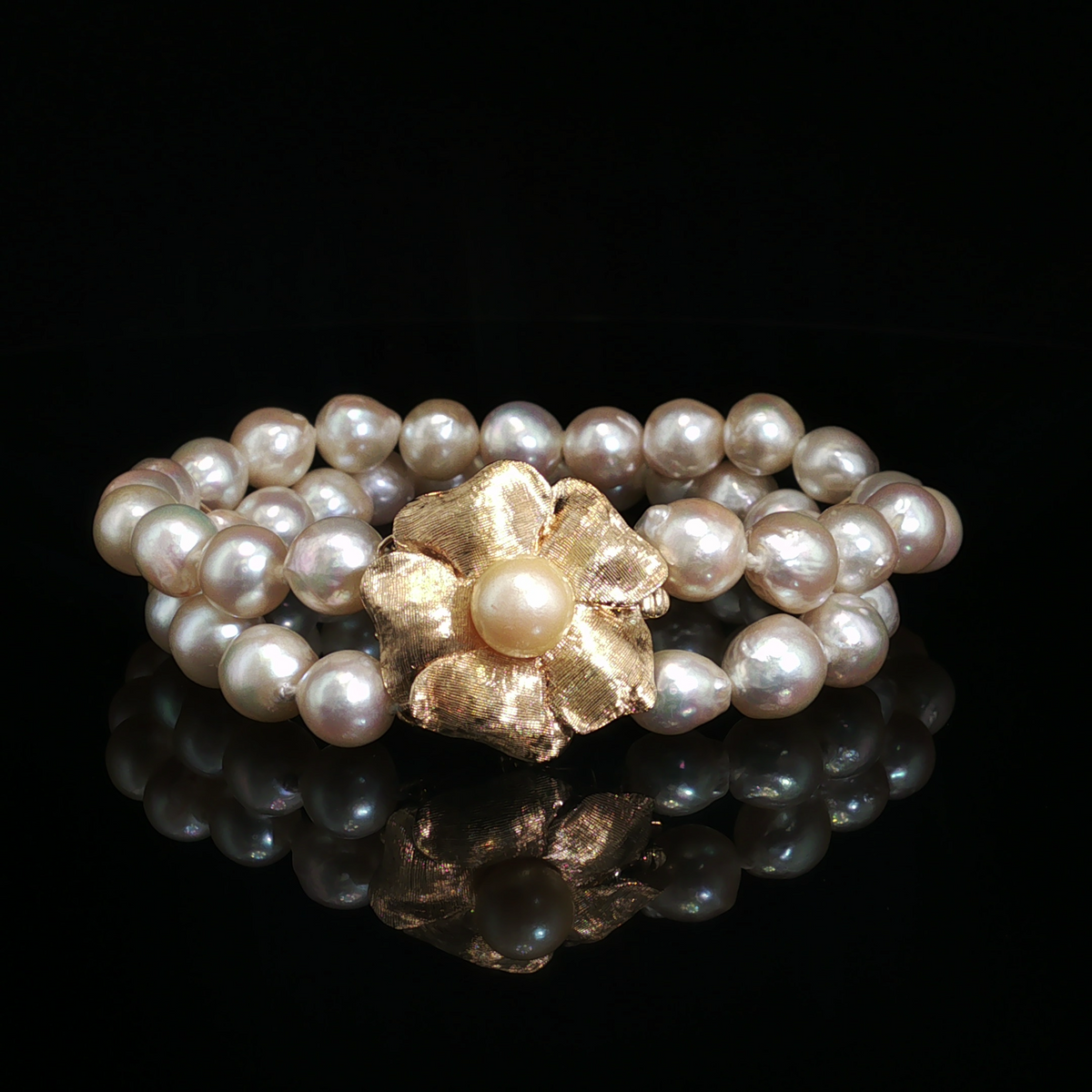 Cassia 14k Yellow Gold Double Strand Baroque Pearl Bracelet With Pearl Flower Clasp