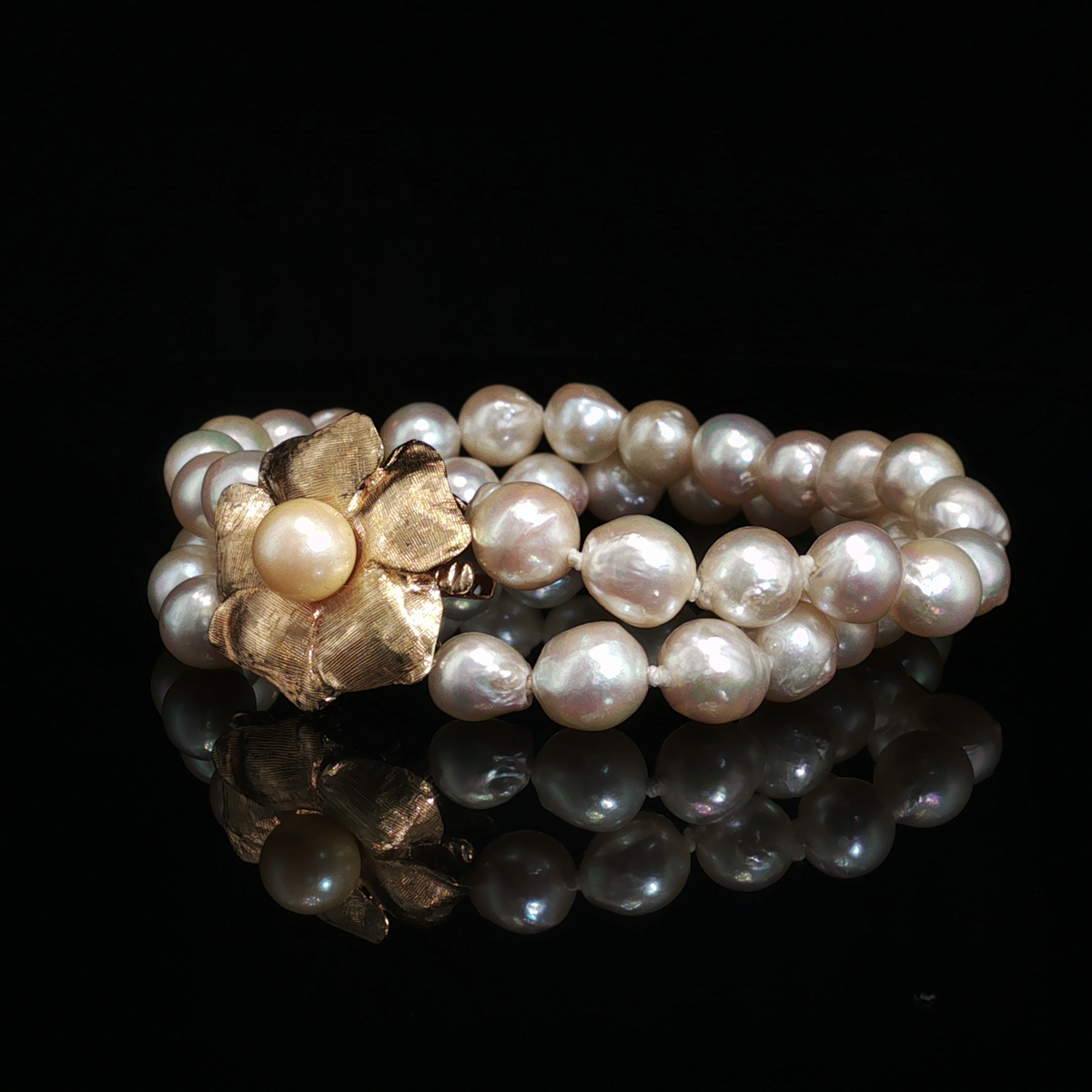 Cassia 14k Yellow Gold Double Strand Baroque Pearl Bracelet With Pearl Flower Clasp