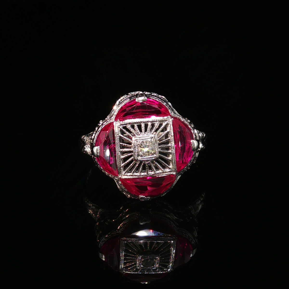 Linnea 14k White Gold Ruby & Diamond Filigree Estate Ring