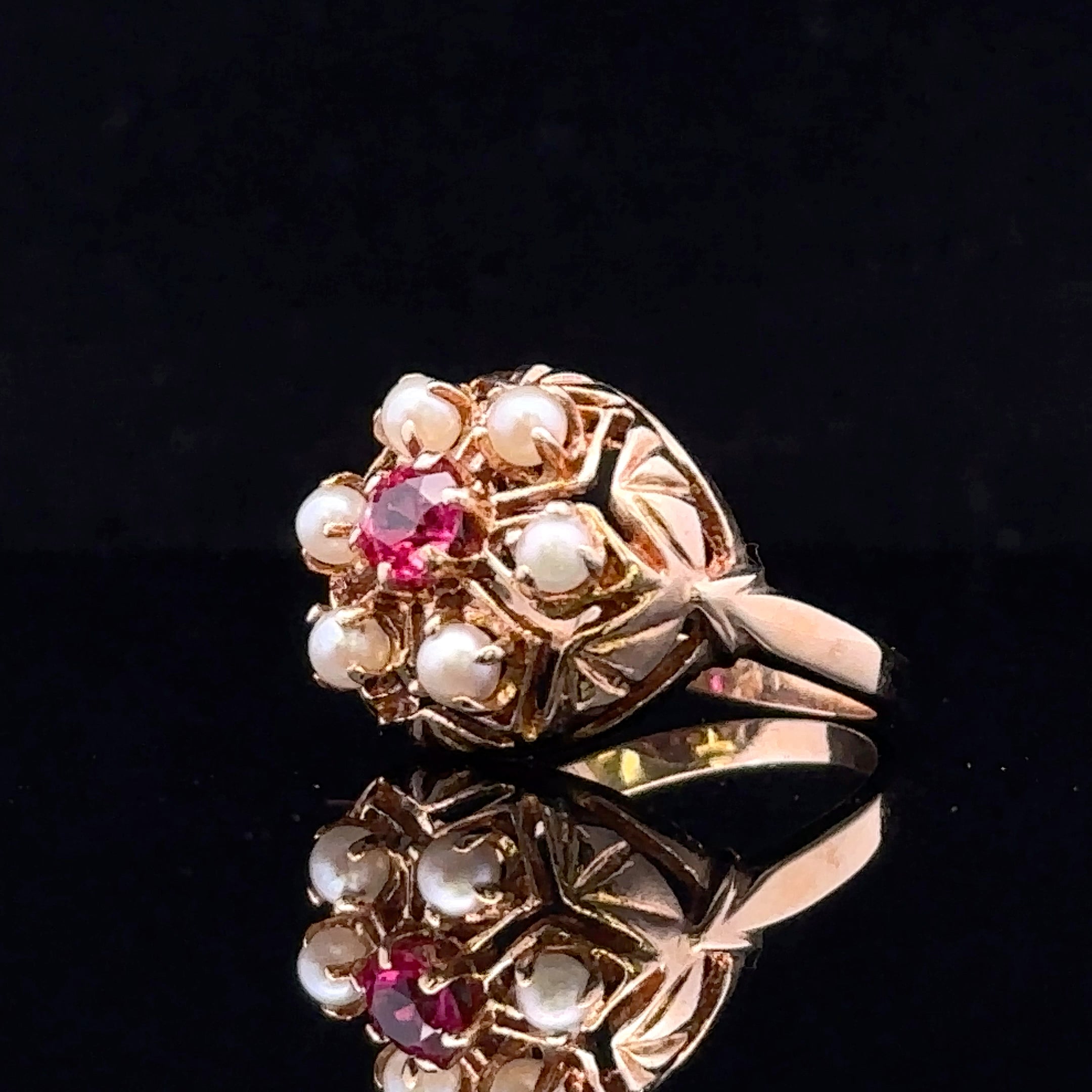 Paula 14K Yellow Gold Pearl Halo and Lab Ruby Stone  Ring