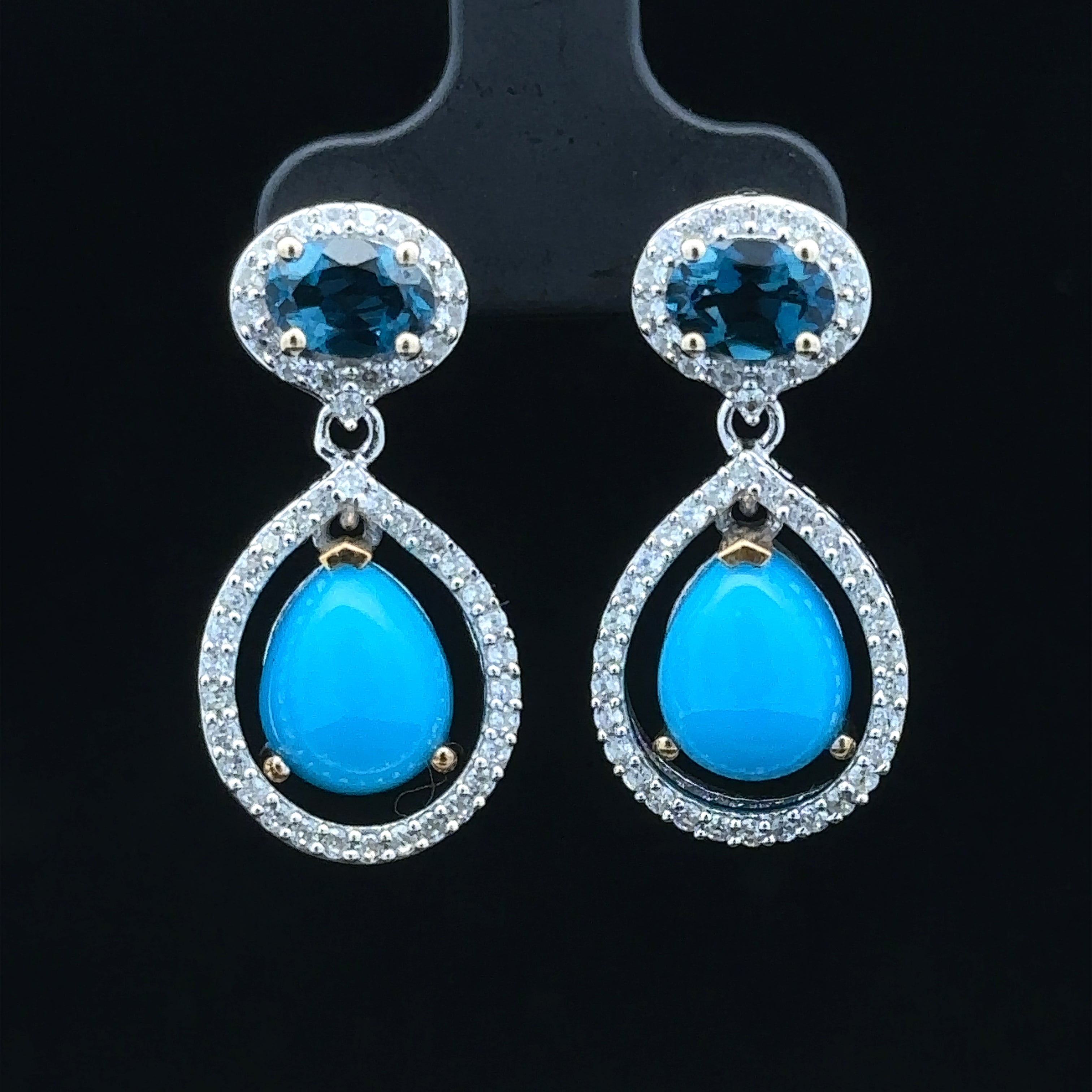 Two-tone dangle earrings with turquoise and blue topaz
